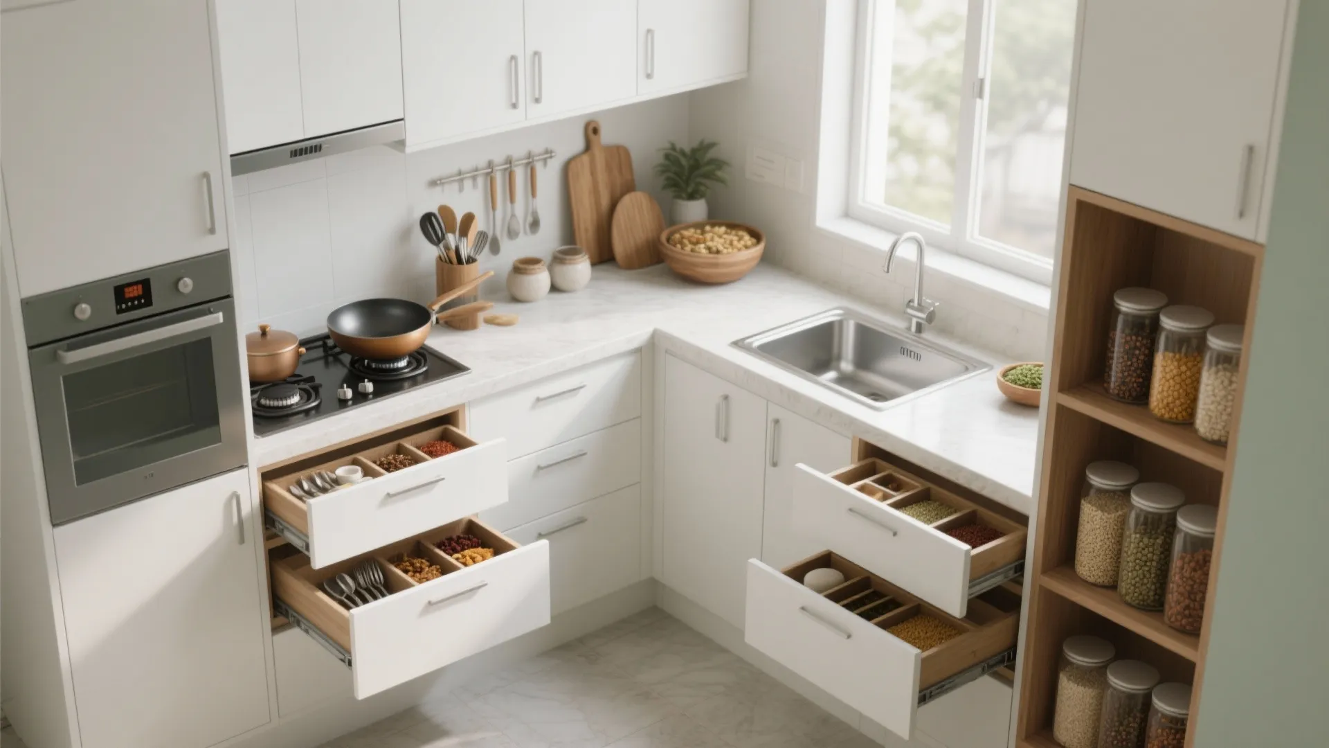 Minimalist kitchen storage that still loves masalas