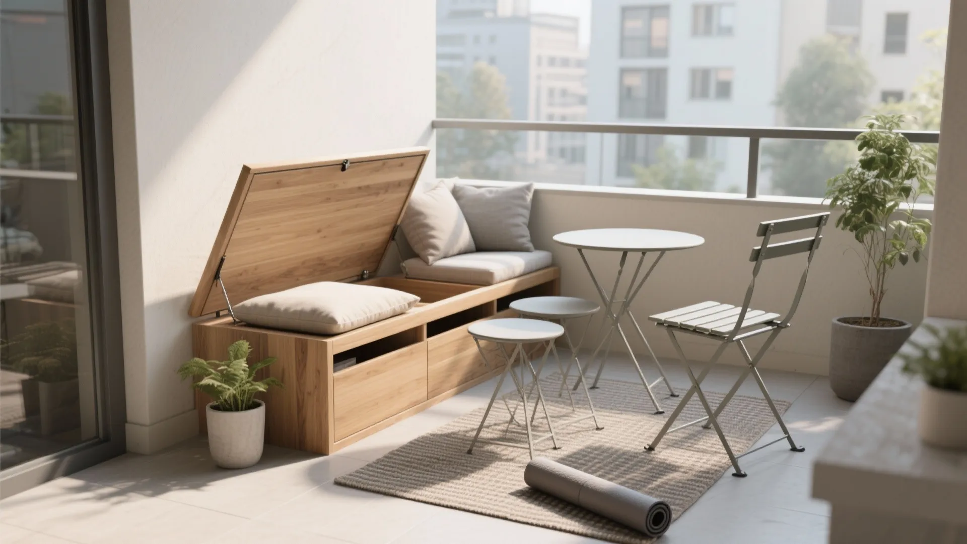 Minimalist balcony storage and seating