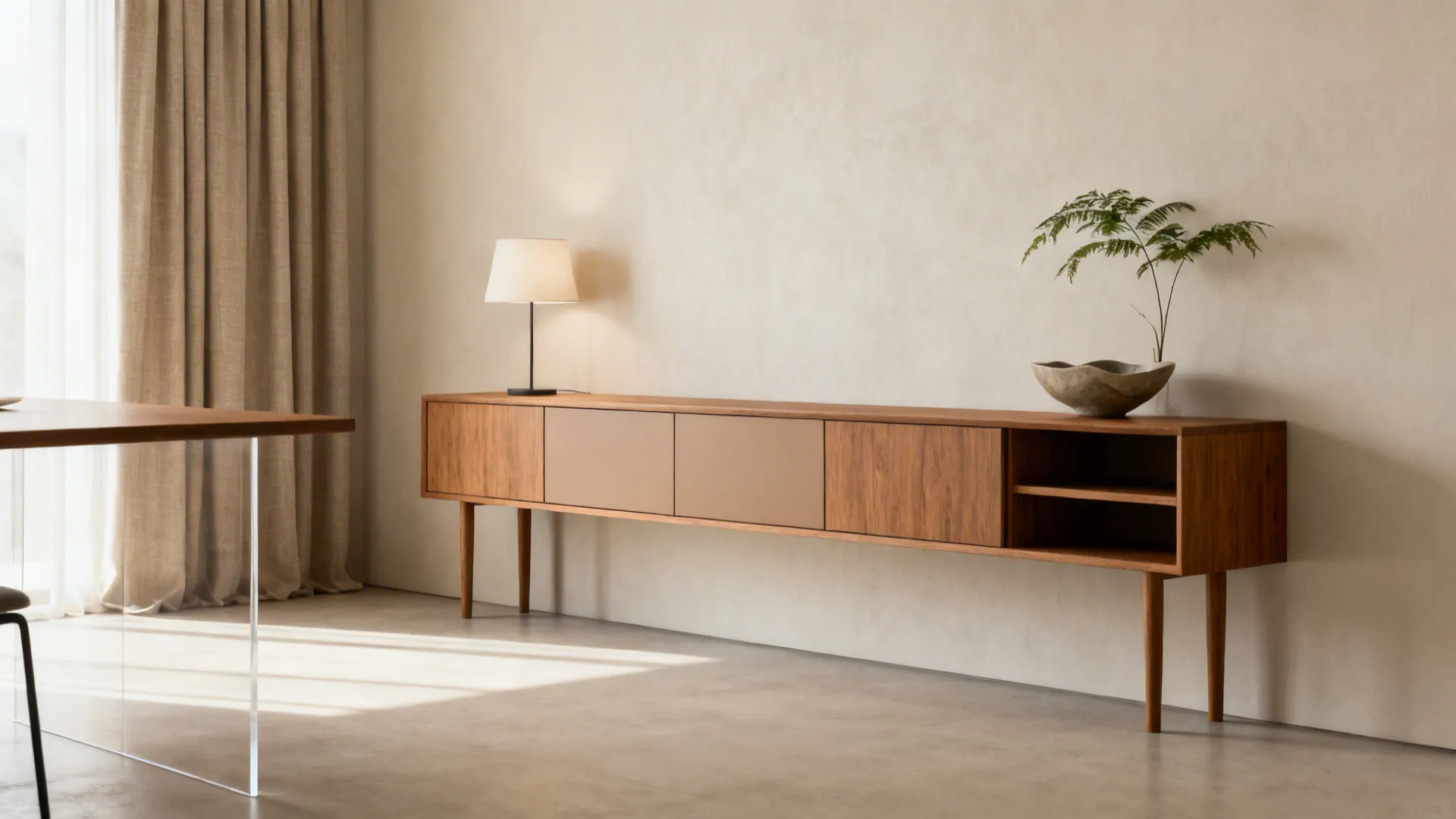 Wall-mounted credenza and narrow buffet with flush doors create calm, open sightlines in a small living–dining room.