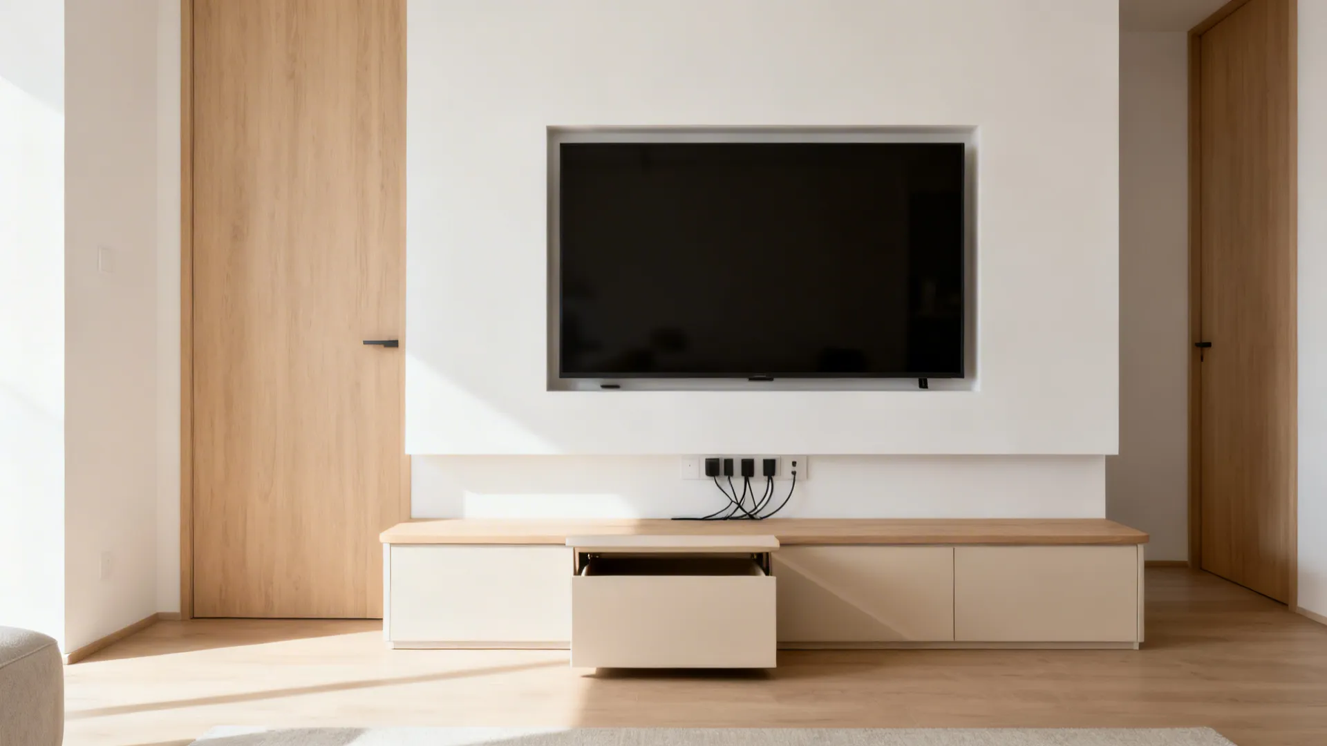 Flush media wall and slim storage bench create a calm, clutter-free modern living room.