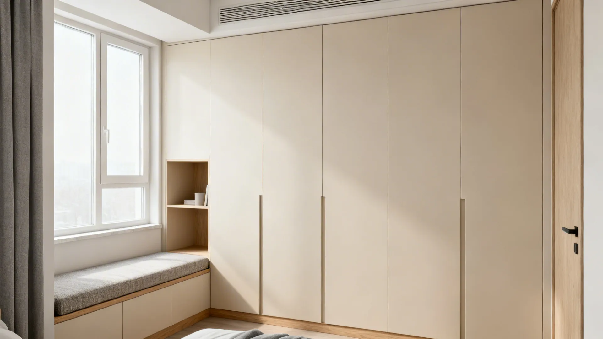 Small bedroom with full-height handleless wardrobes and a window bench with hidden storage.