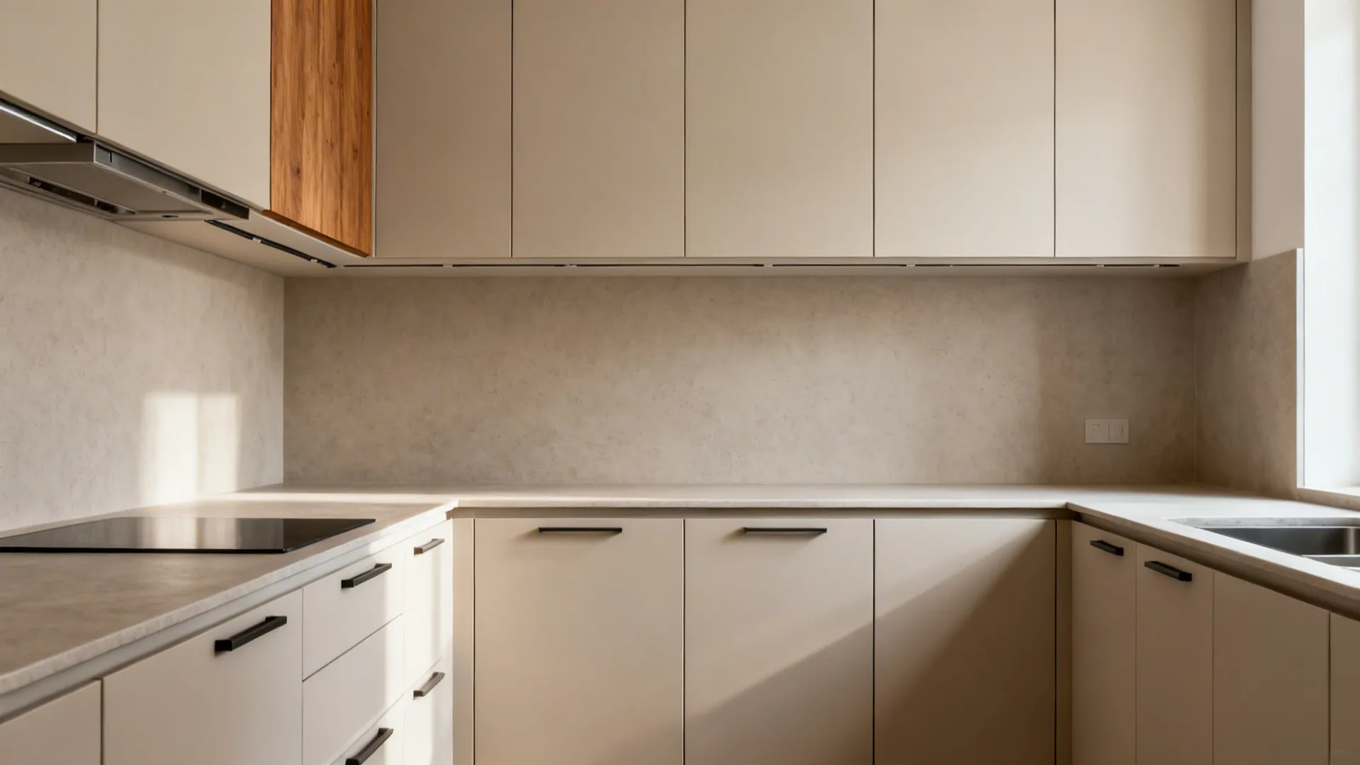 Flat-front slab kitchen cabinets with integrated pulls and a wood accent panel in a small space.