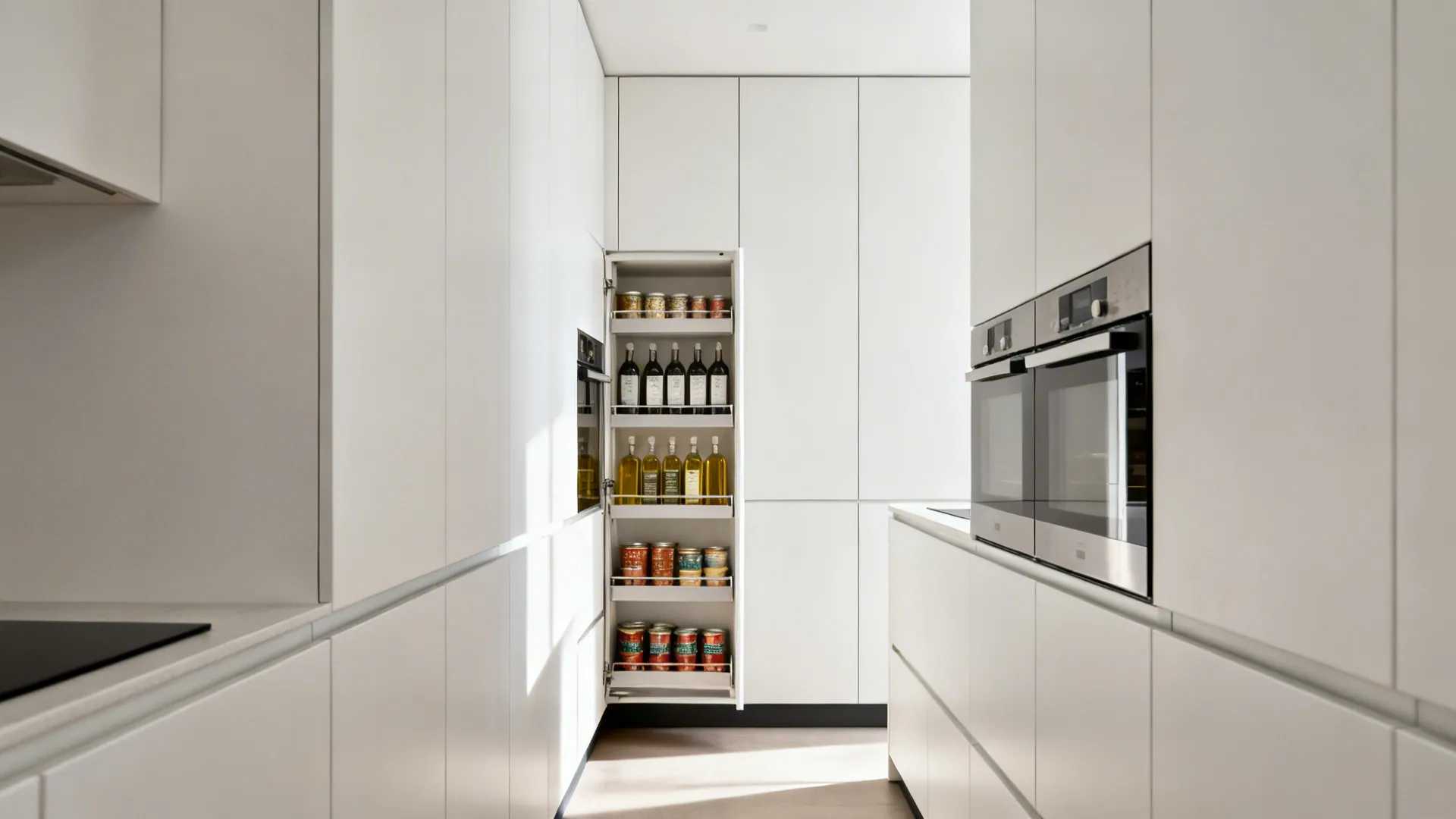 Ceiling-height handleless white tall cabinets with a slim pull-out pantry in a small kitchen.