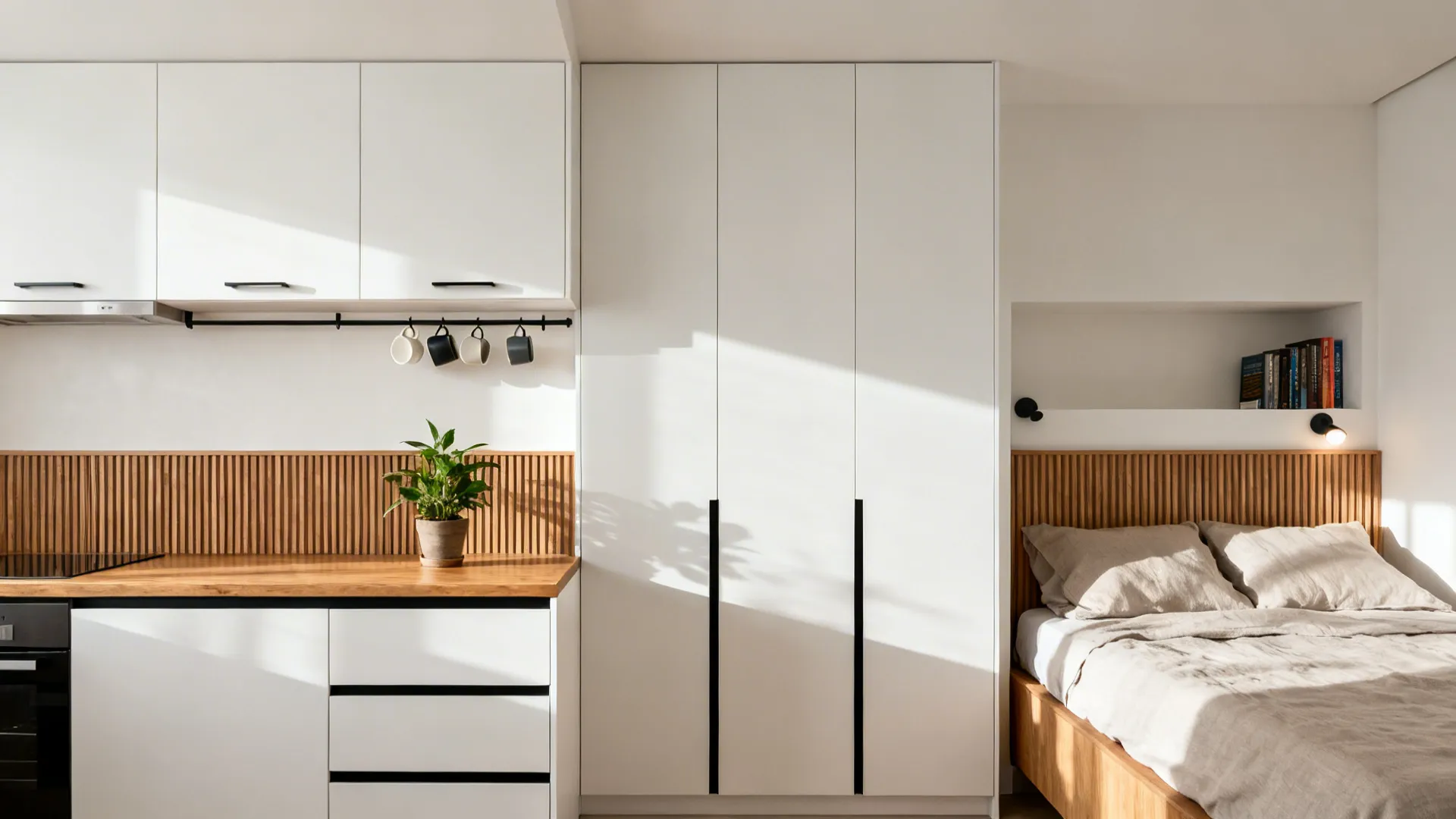 Minimalist storage with flush white cabinets, one open rail, and a niche above a wood headboard.