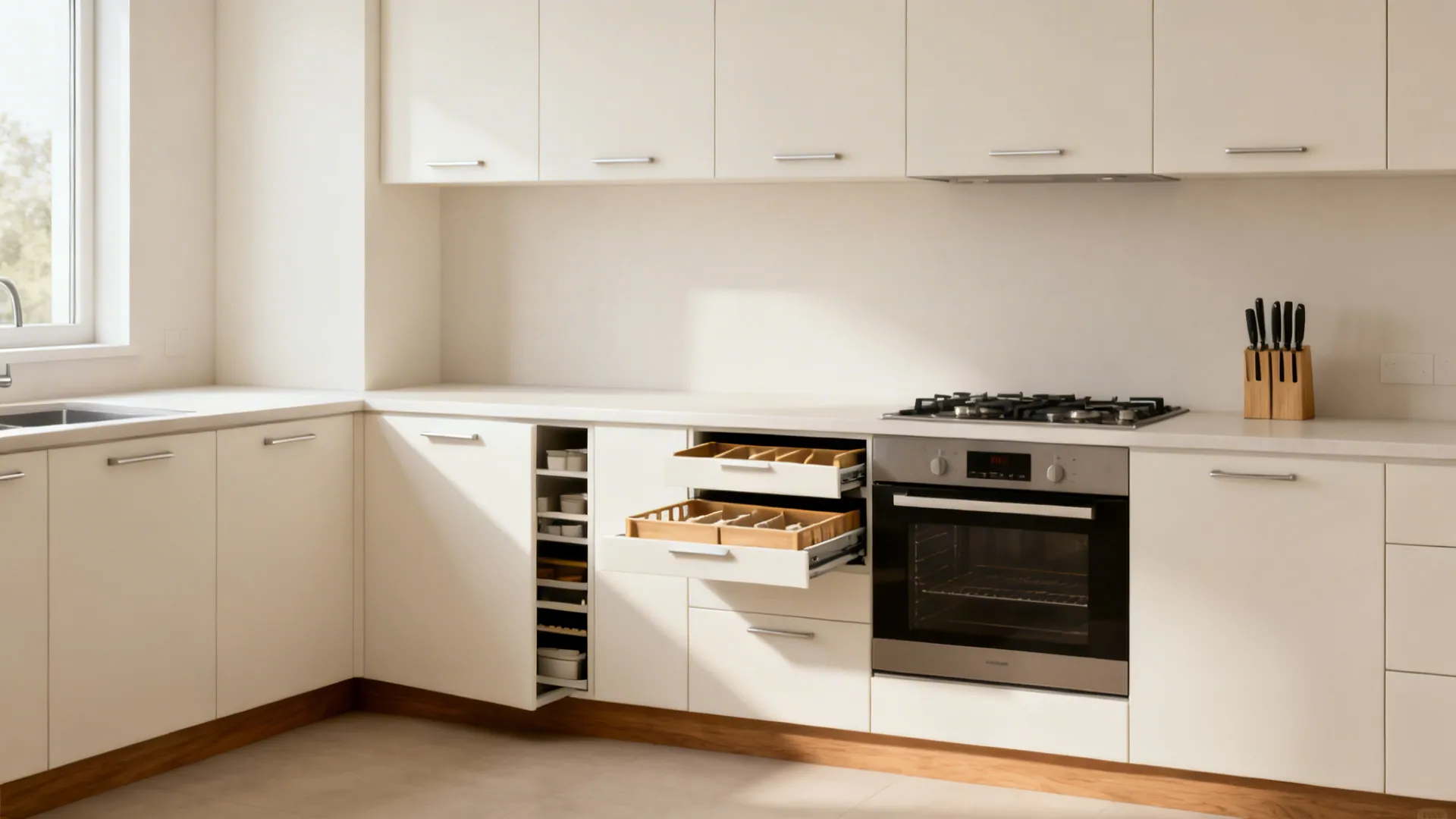 White kitchen with open cabinets and drawers showing wooden organizers next to a black oven