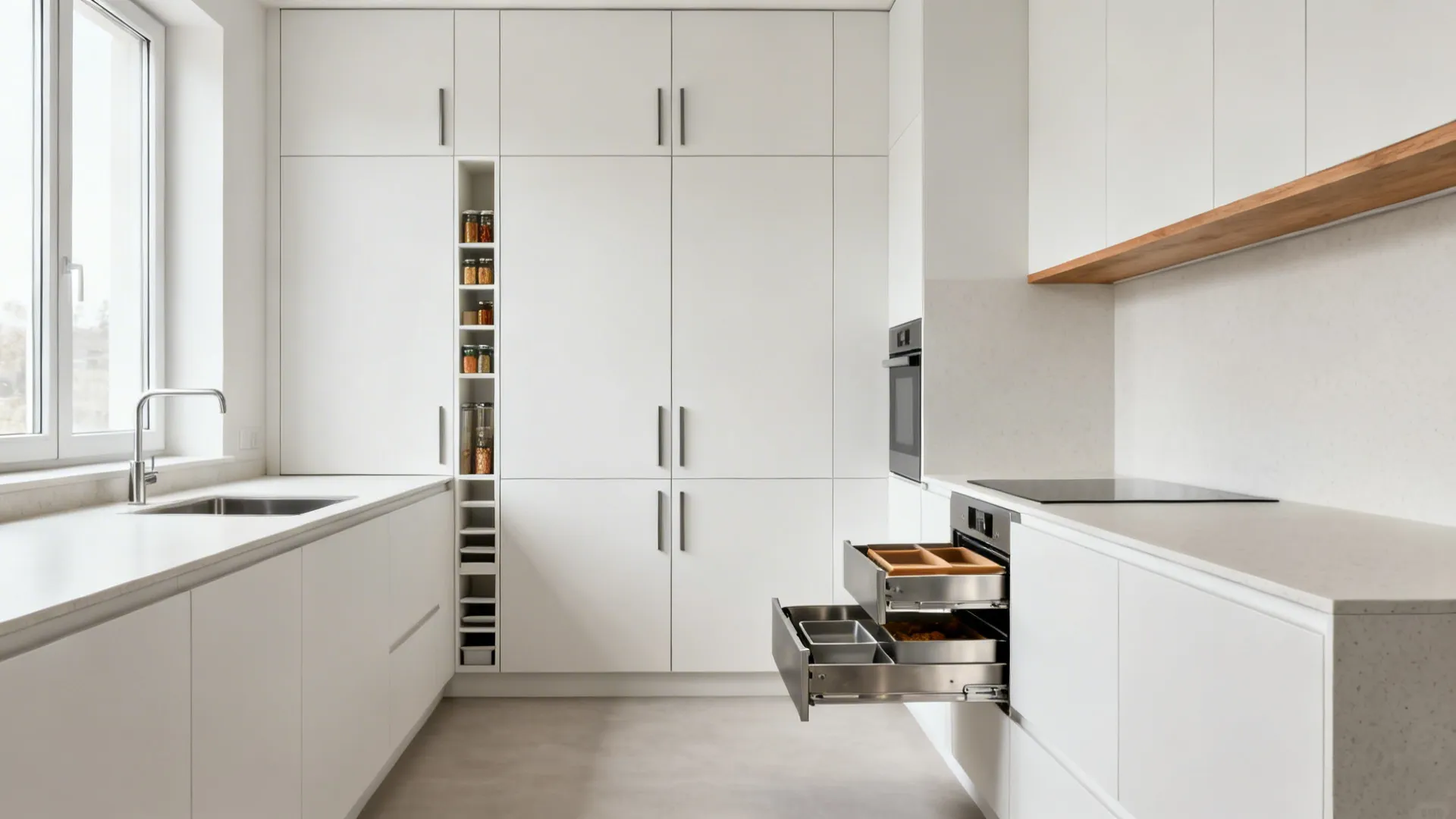Minimalist galley kitchen with matte white tall cabinets, concealed pantry, and clear countertops.
