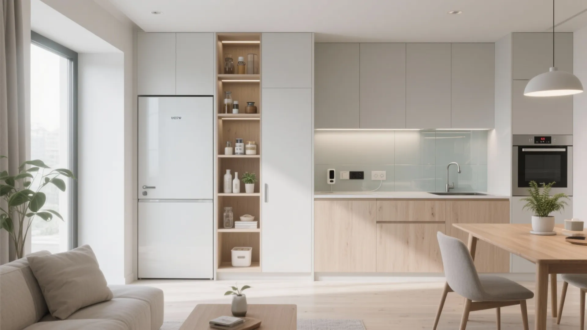 Slim tall cabinets with open shelves and a closed pantry create airy storage in a small flat.