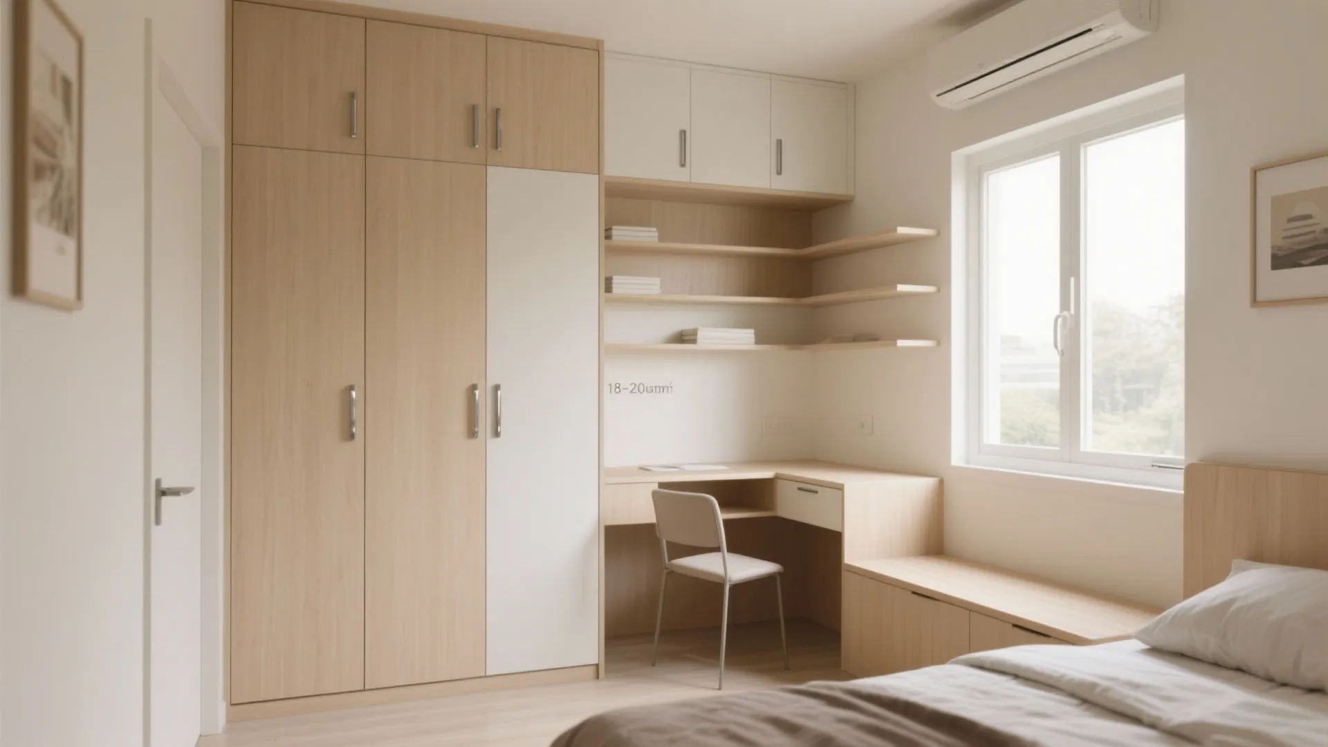 Slimline wardrobes, wall shelves, and bench storage create clutter-free minimalist storage in a small 2 BHK.