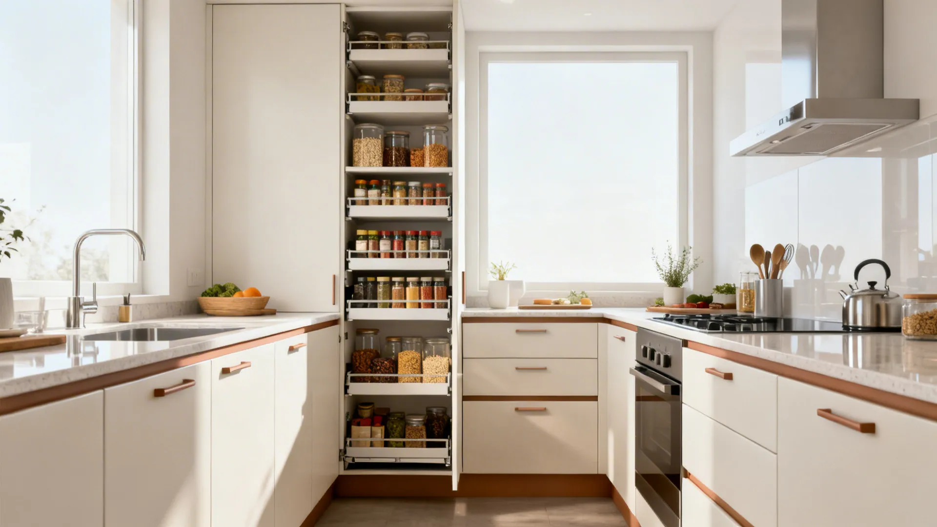 Minimalist 4x4 kitchen with full-height pull-out pantry, wide drawers, and matte flat-front cabinets.