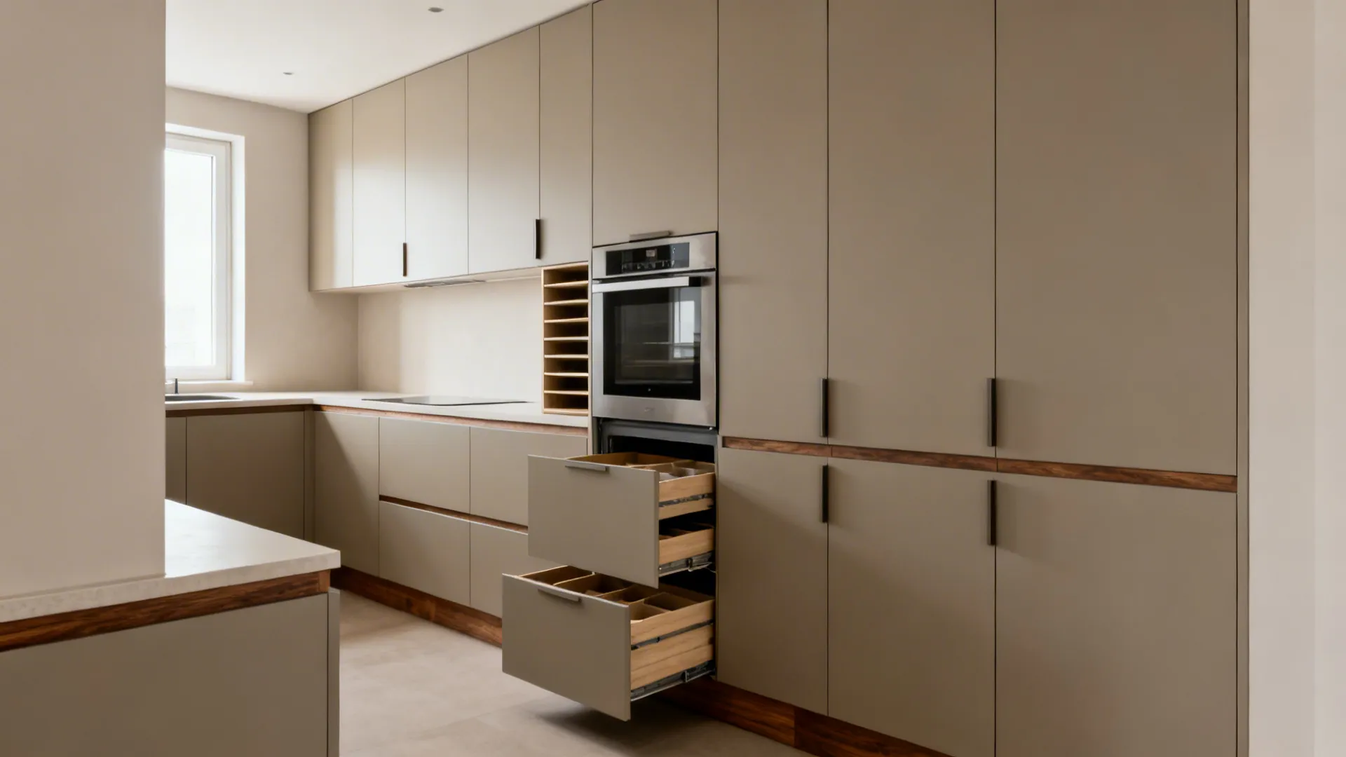 Minimalist kitchen with tall beige cabinets built in oven and two open wooden storage drawers