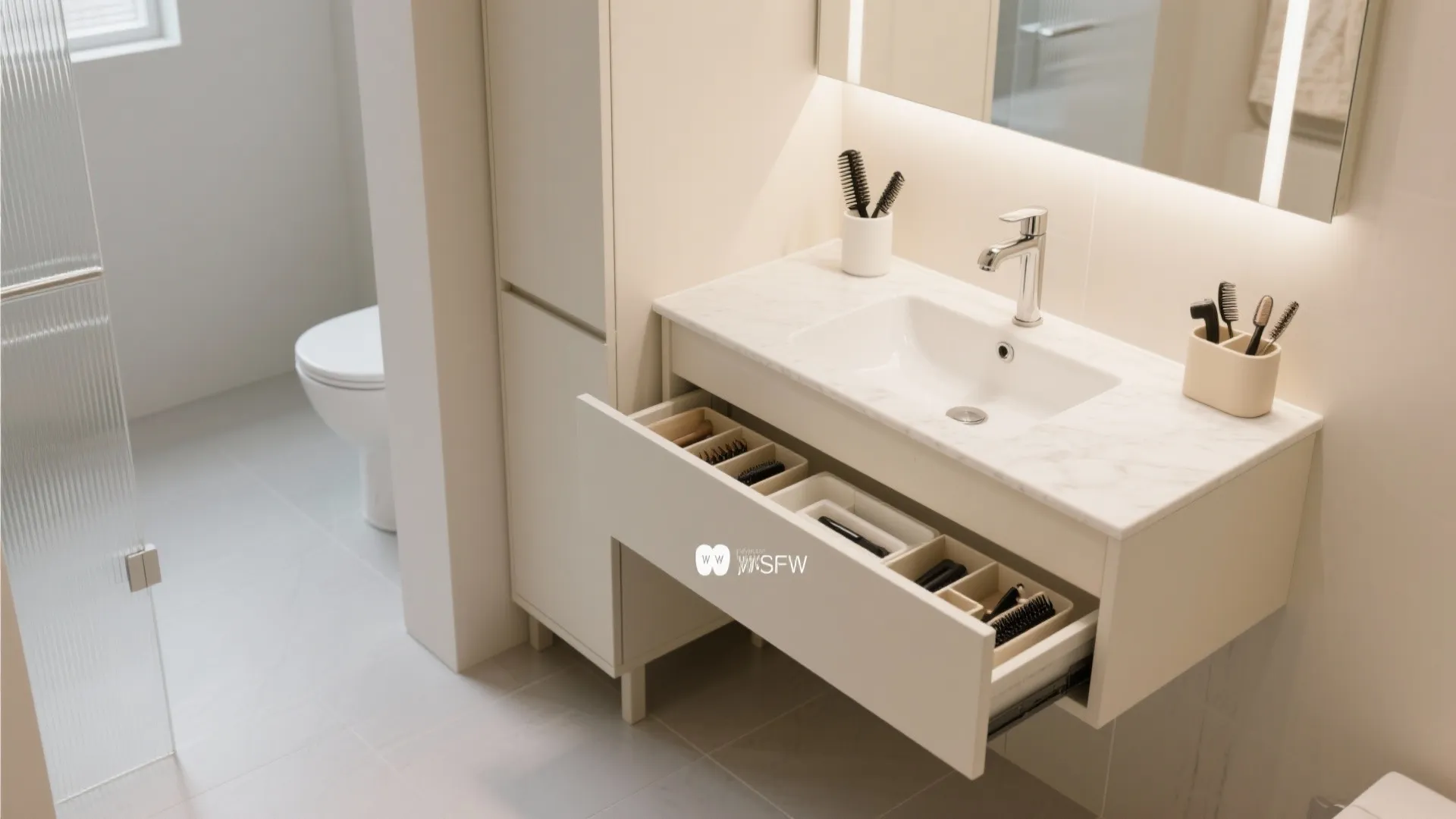 Modern bathroom vanity with an open drawer showing organized hair brushes and a white top