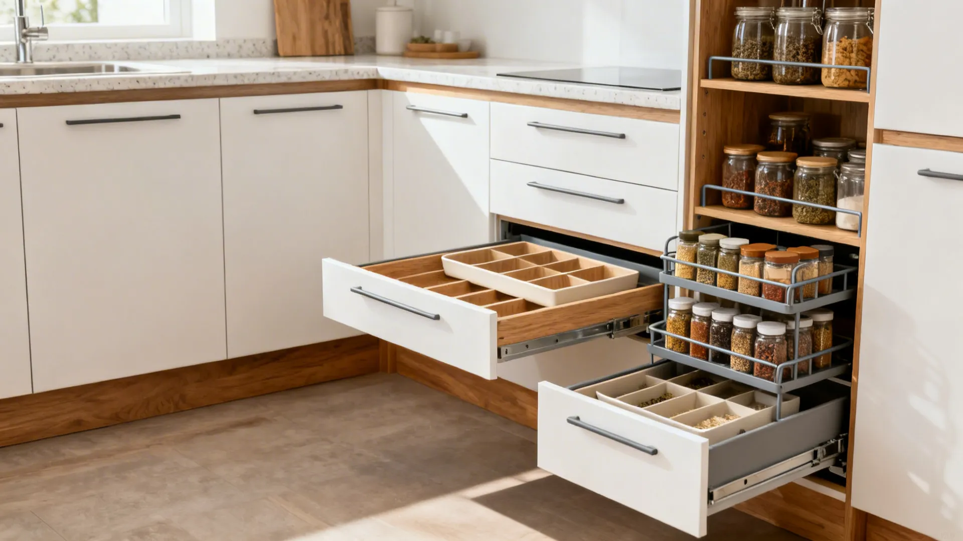 Minimalist cabinets with deep drawers, tray dividers, and a tall pull-out pantry in a 6x6 kitchen.