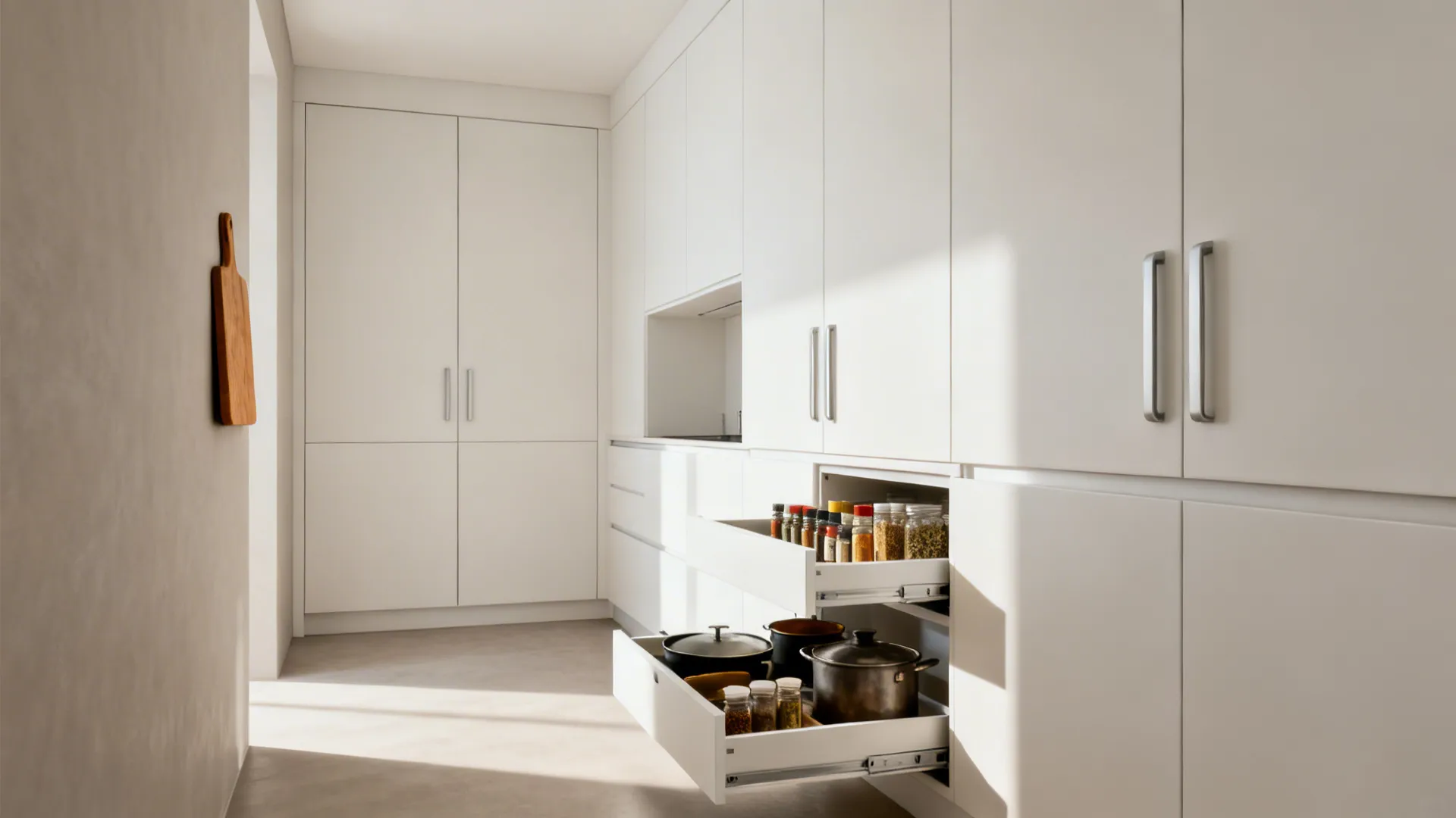 Full-height white flat-front cabinets with integrated pulls and organized drawers in a 7x9 kitchen.
