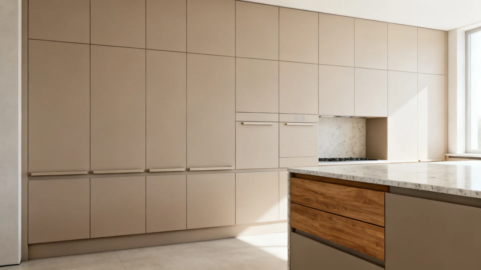 Matte slab-front cabinets with concealed edge pulls and aligned reveals in a compact 8x8 kitchen.
