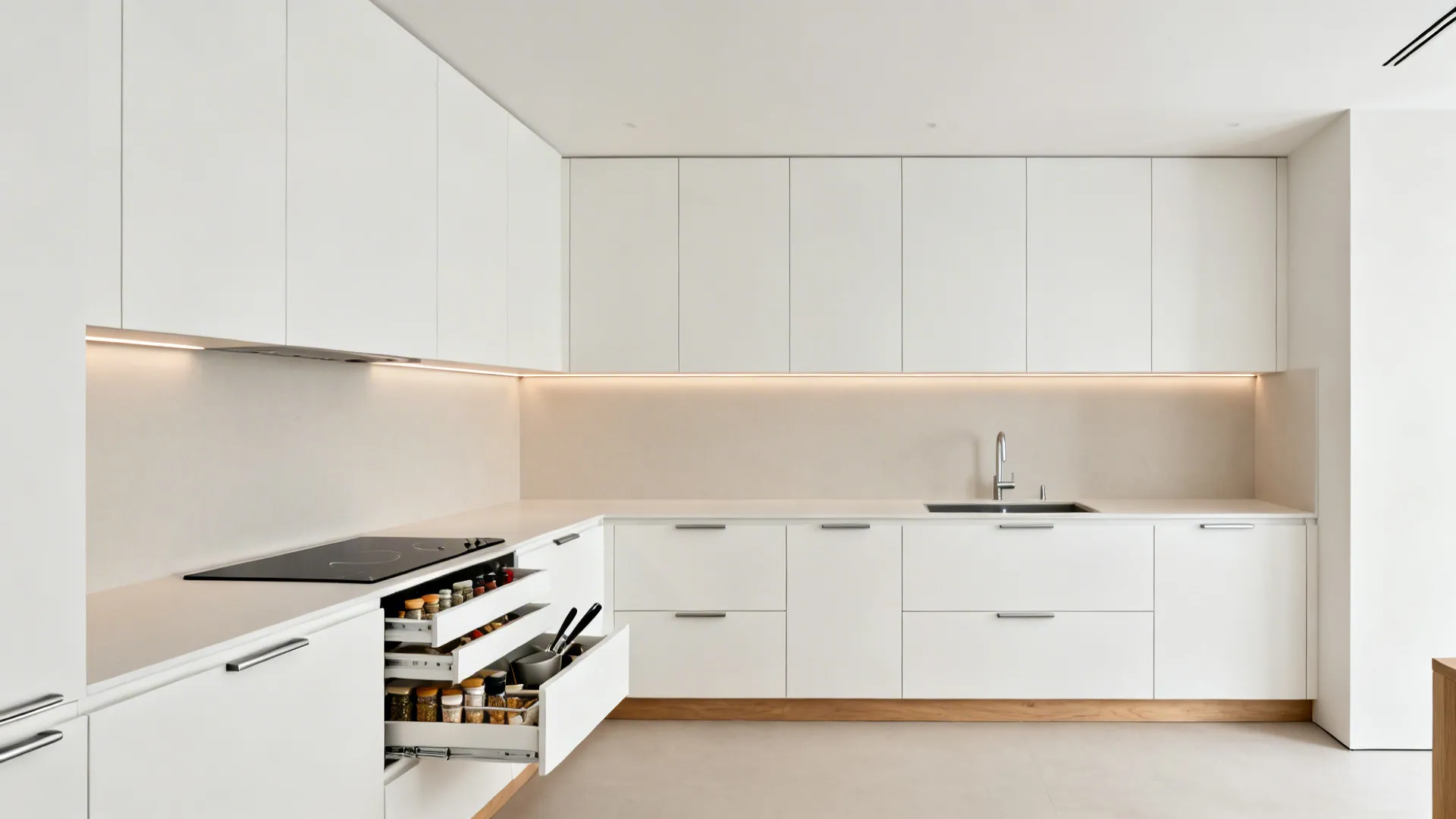 Handleless matte white cabinets and shallow drawers in an 8x8 minimalist kitchen with warm lighting.