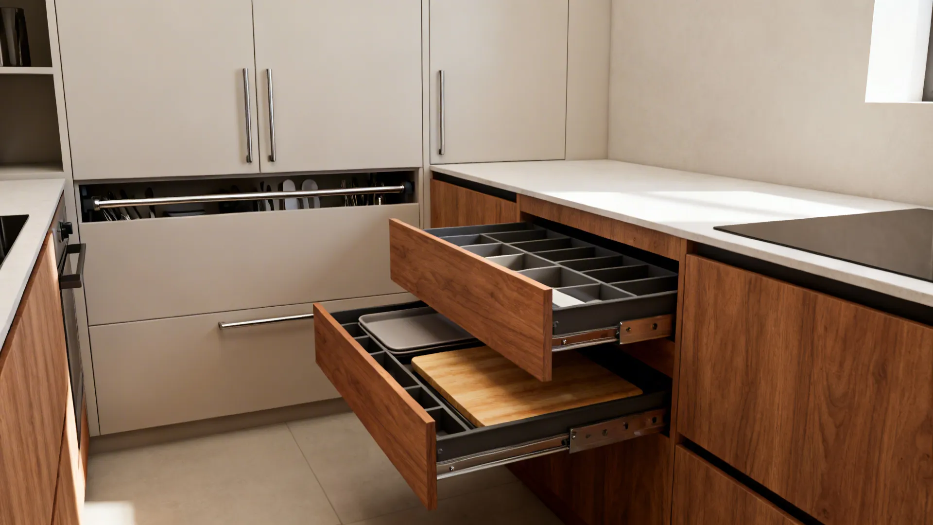 Minimalist 9x7 kitchen with slim upper cabinets, pull-out pantry, and deep drawers.