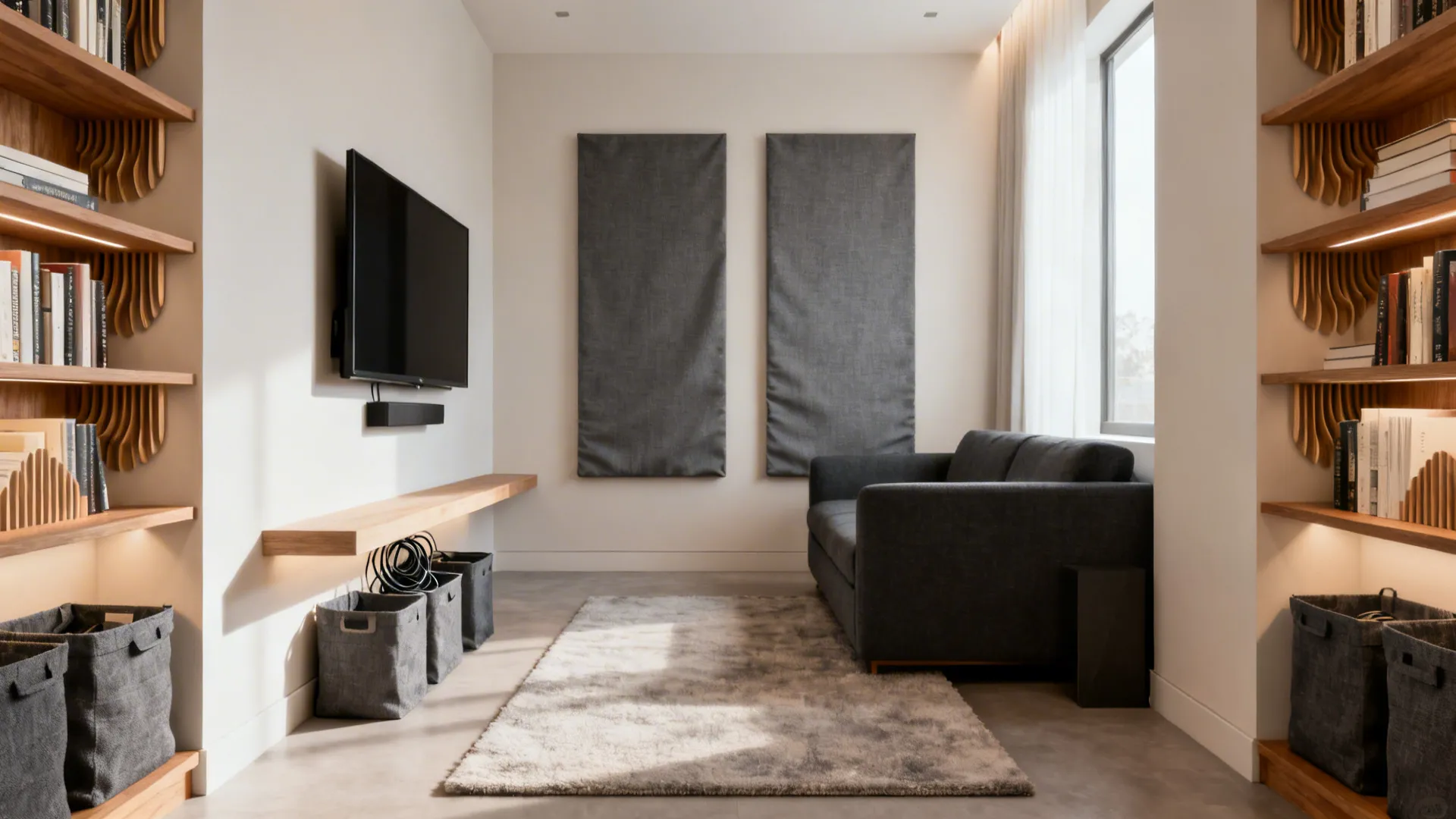 Slim wall-mounted TV with floating shelf and shallow side-wall bookshelves that diffuse sound.