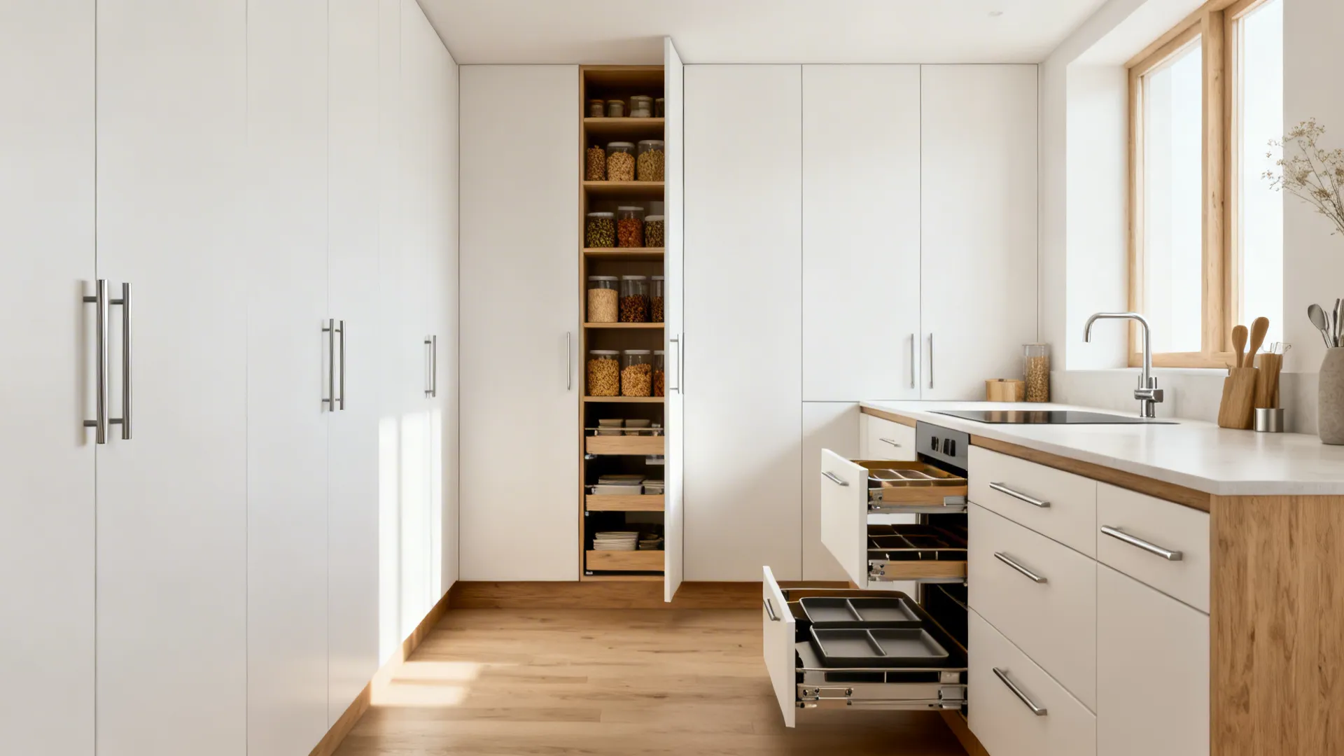Small galley kitchen with full-height pull-out pantry and toe-kick drawers in a minimalist design.