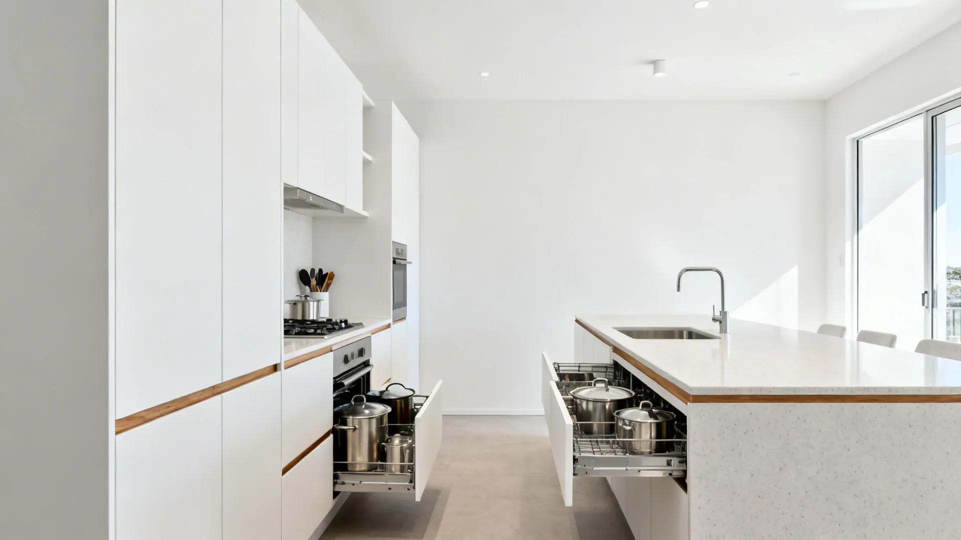 Minimalist small kitchen with slim white cabinetry and deep drawers opening more prep space.