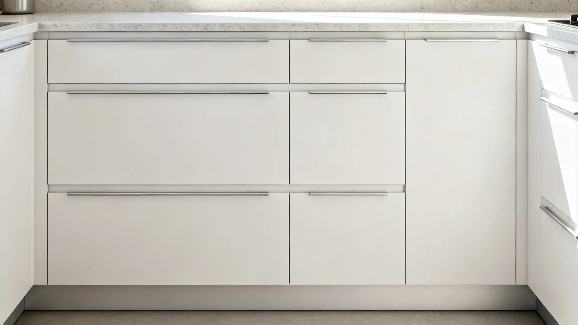 Flat-panel matte white cabinets with slim pulls and seamless lines in a compact kitchen.