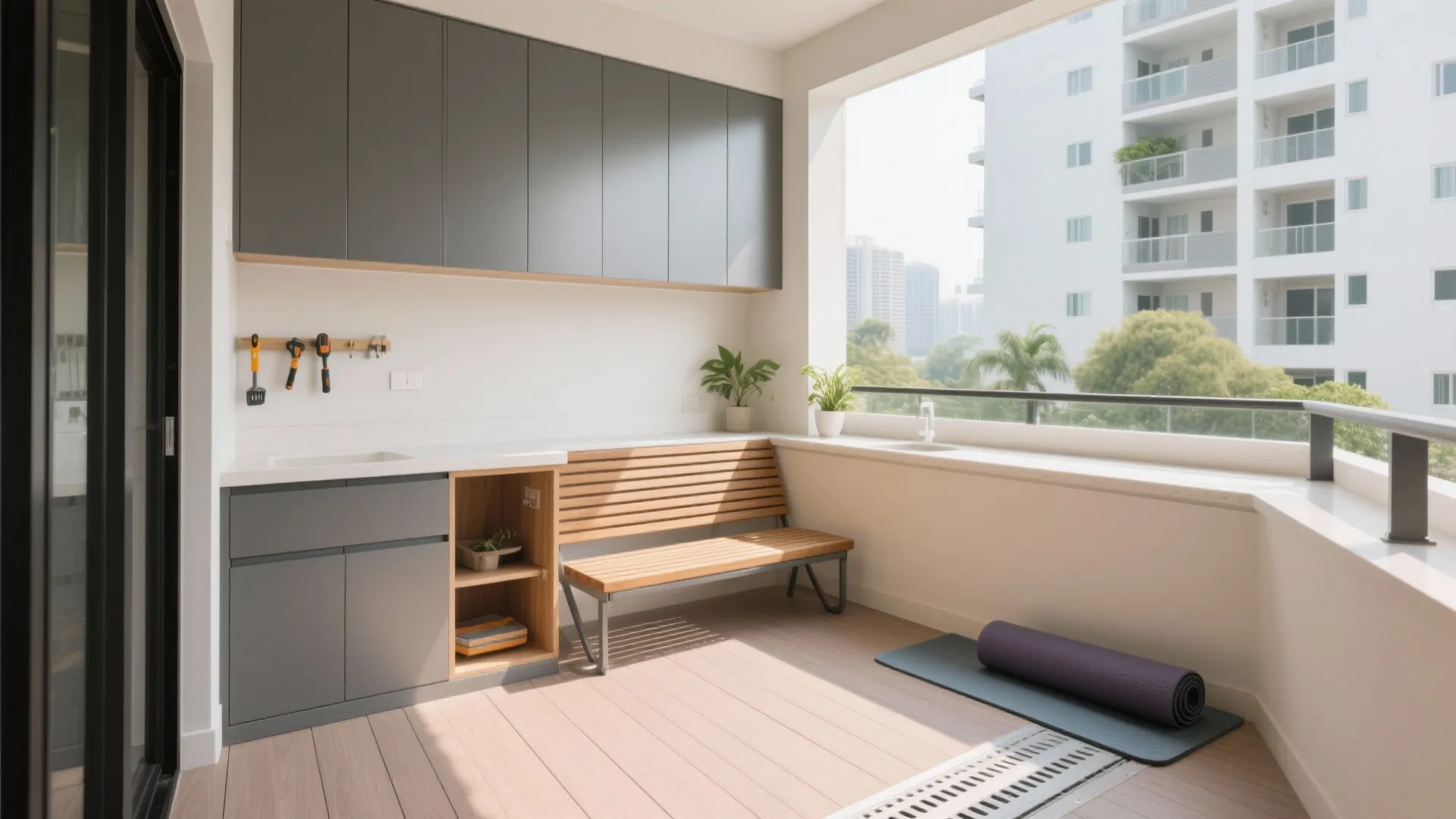 Minimalist balcony storage with tropical durability