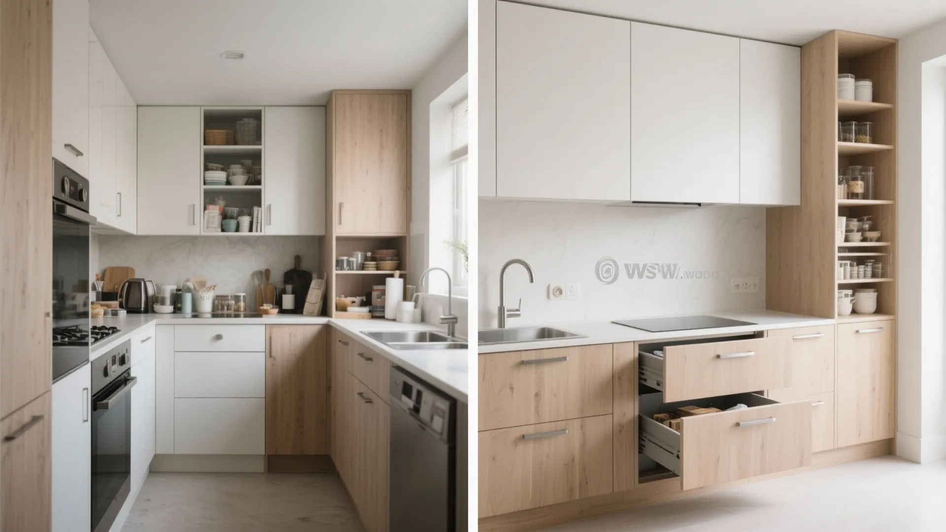 Before-and-after kitchen interior design showing messy counter versus organized drawers with wood and white cabinets