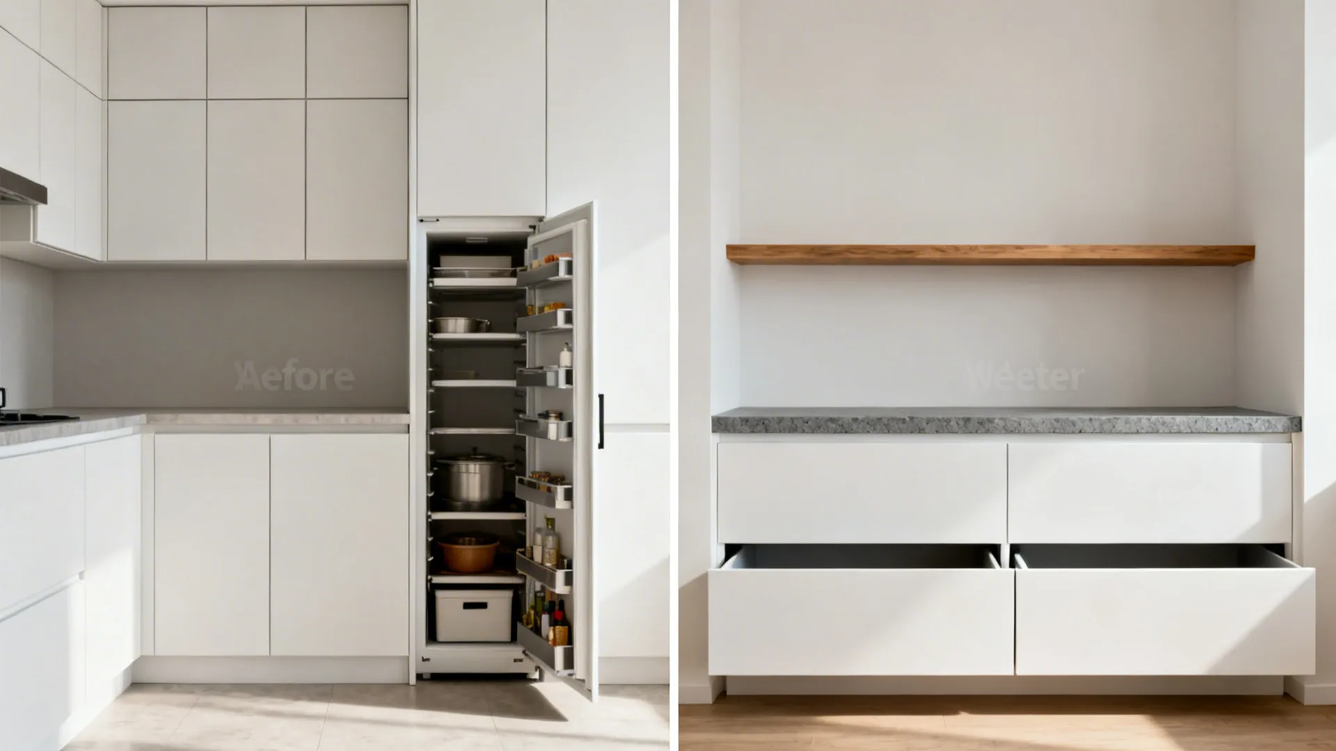 Before-and-after of a small kitchen transforming from cluttered uppers to a minimal setup with pantry and wide drawers.