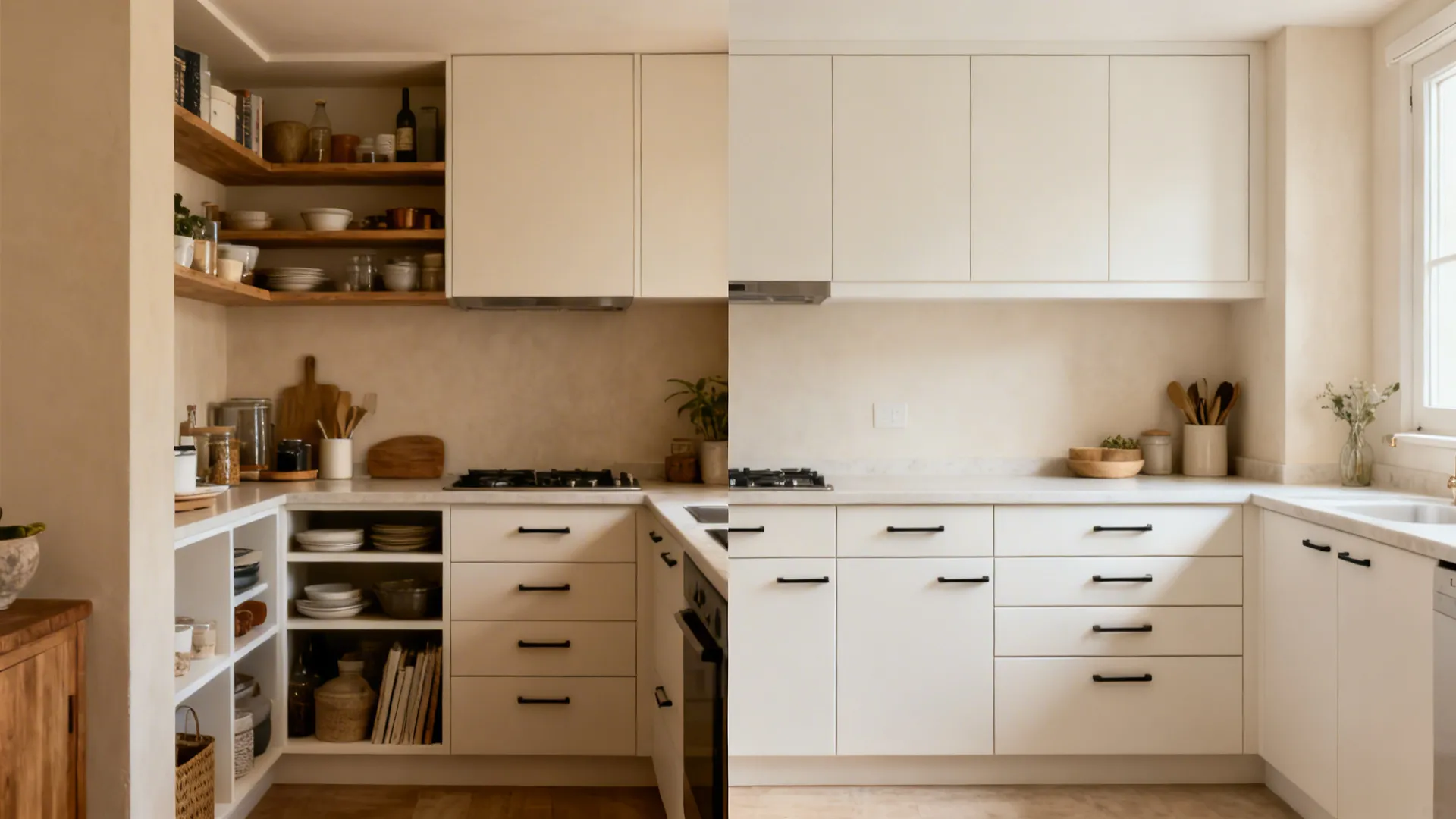 Split view comparing cluttered open shelves with clean slab-front drawers in a small kitchen.