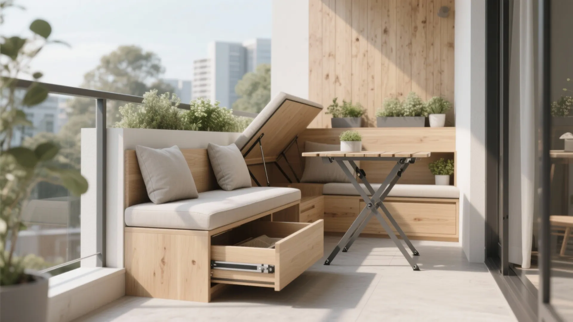 Modern balcony with wooden storage bench and drawer containing pillows next to a folding table