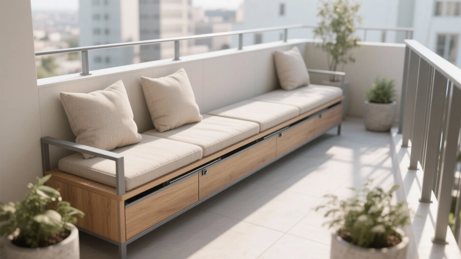 Long wooden bench with storage drawers grey cushions and pillows on a balcony with plants