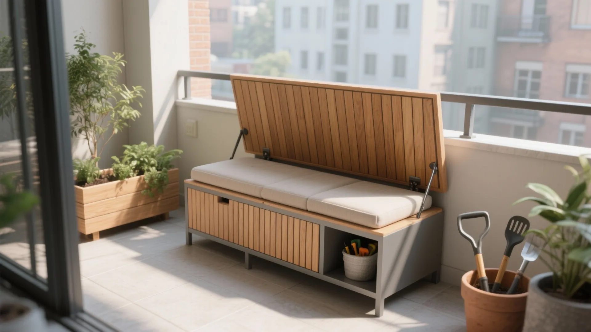 Outdoor wooden storage bench with open lid and seat cushions on a balcony with plants