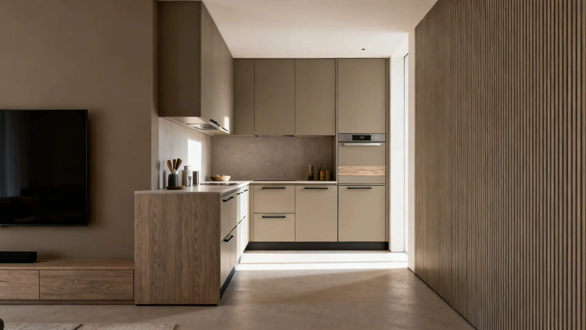 Minimalist storage that blends kitchen and lounge