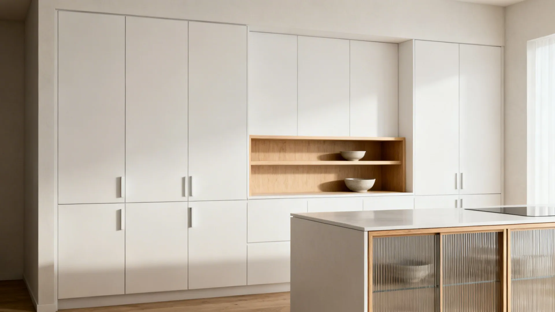 Minimalist small kitchen with flat-panel white cabinets and a single oak shelf.