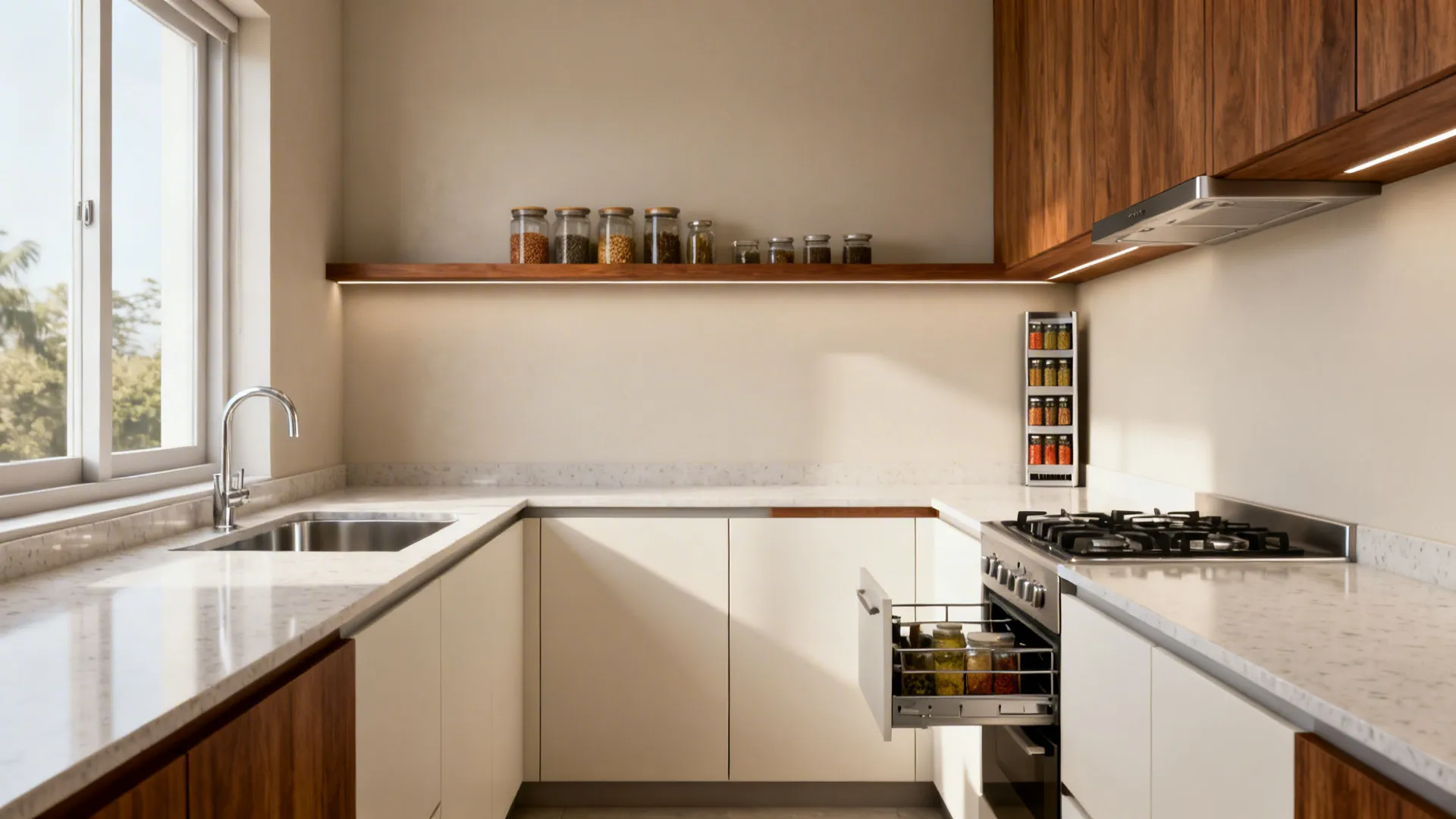 Small Chennai galley kitchen with handleless two-tone cabinets and a slim open ledge above the prep area.