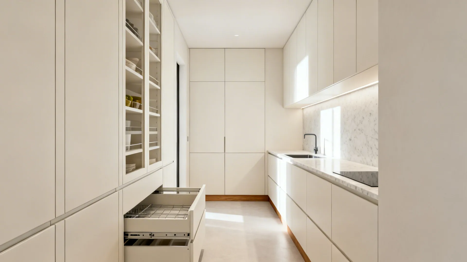 Minimalist handleless cabinets and tall larder create a seamless storage wall in a small BTO galley kitchen.