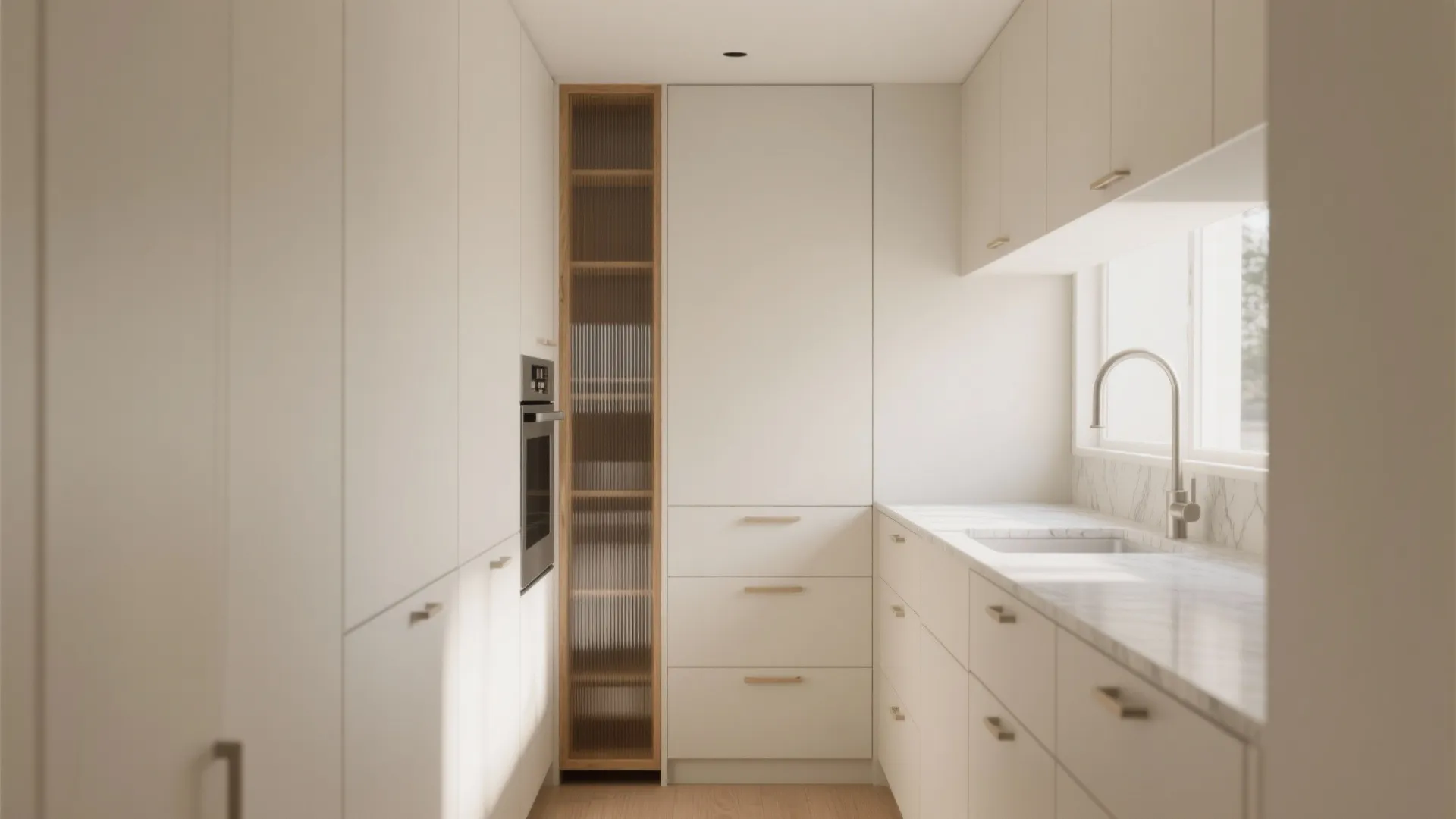 Modern white kitchen with floor-to-ceiling cabinets, built-in oven, marble countertop, and wooden storage shelf unit