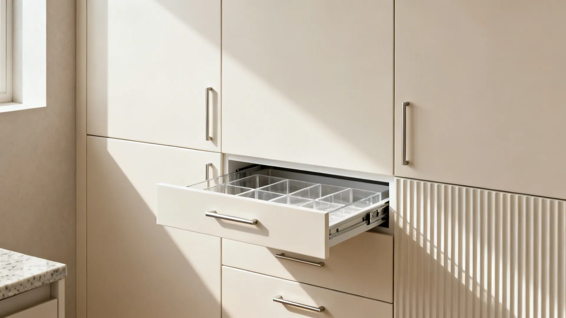 Matte slab-front cabinets with slim pulls and fluted accent create a calm, clutter-free small kitchen.