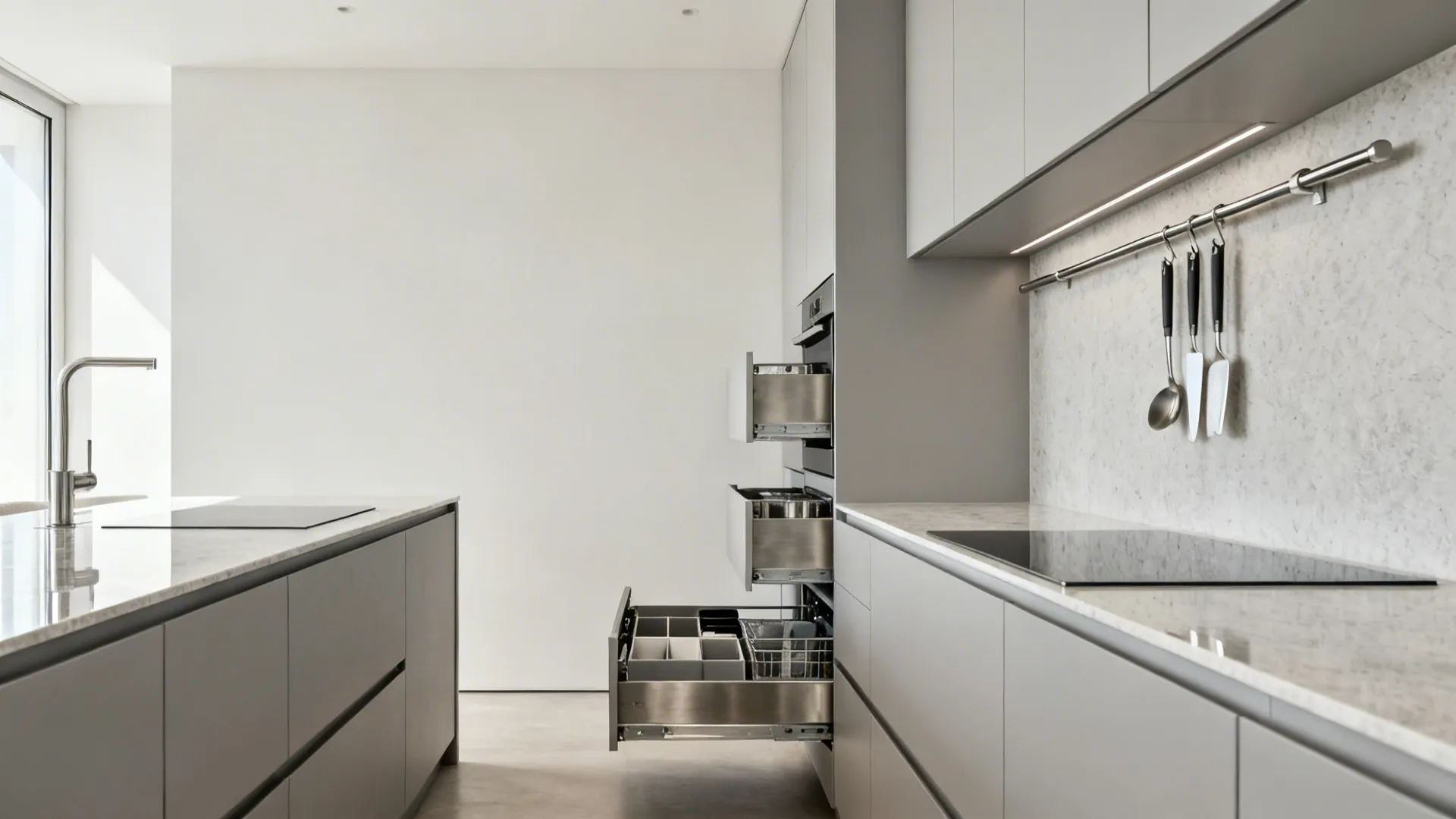 Minimalist small kitchen with no uppers on one wall, tall pantry pull-outs, and a slim rail for daily tools.