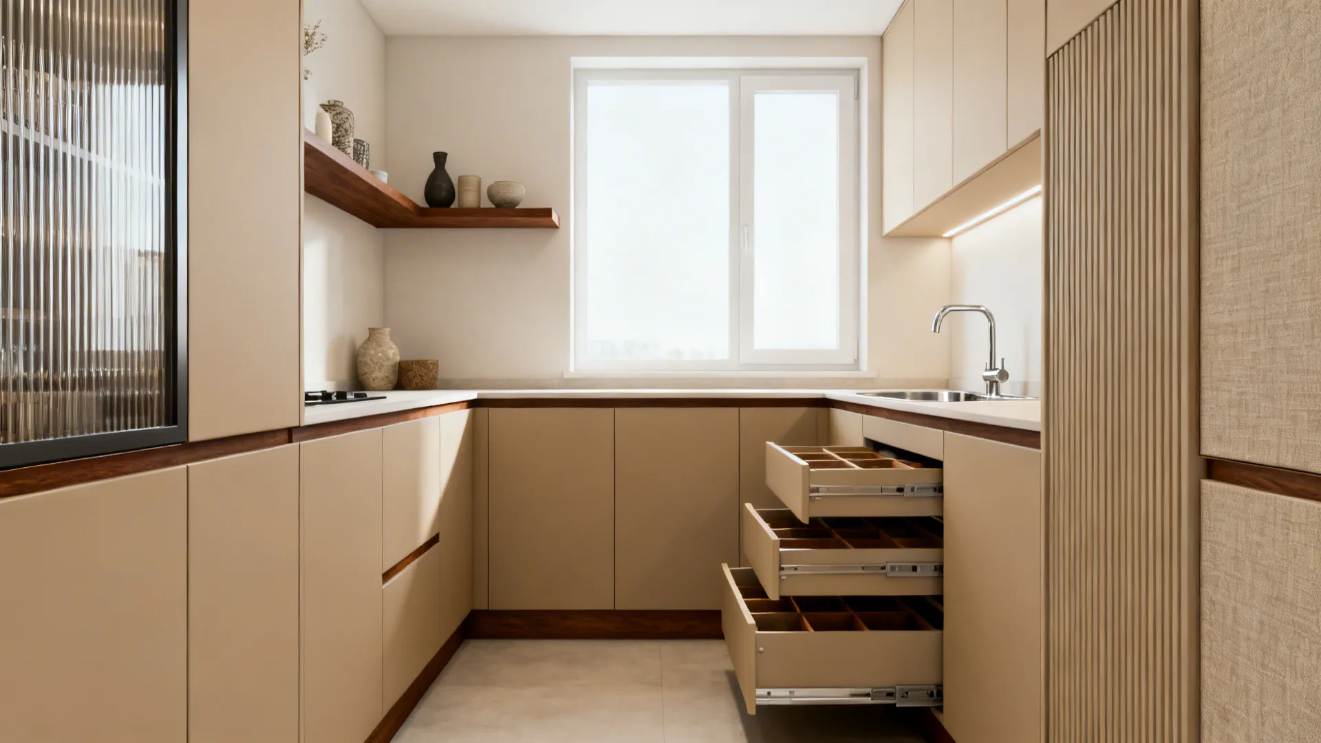 Compact L-shaped kitchen with matte handleless cabinets and organized deep drawers.