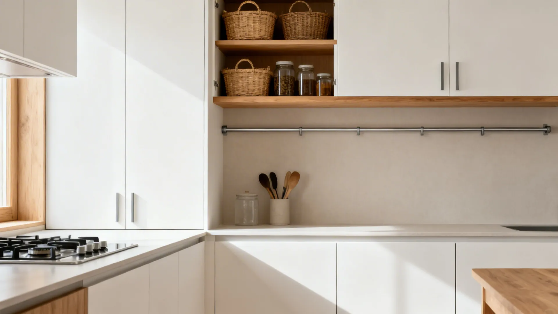 Minimalist white kitchen with flat-panel doors, slim edge pulls, and tidy open shelves with baskets.