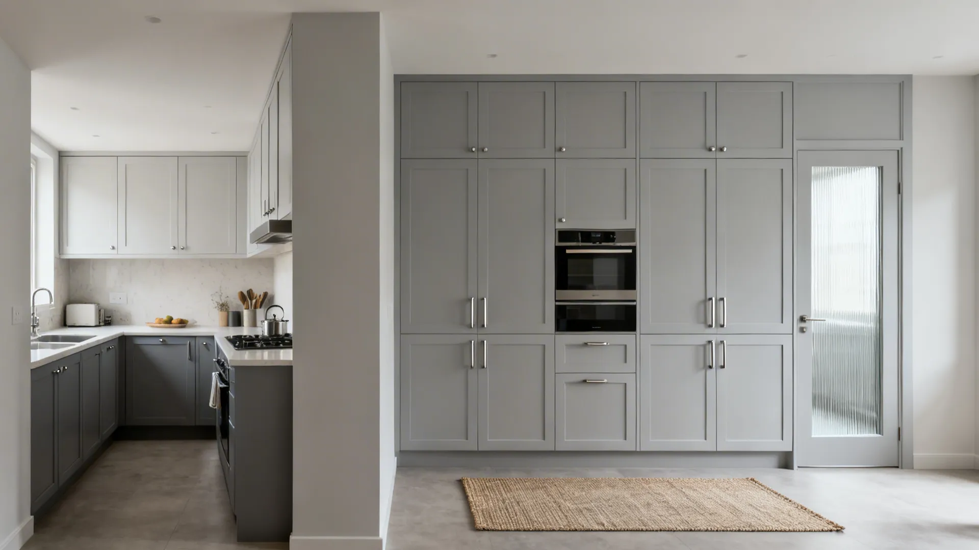 Modern grey kitchen with floor to ceiling wall cabinets built-in double oven and floor rug