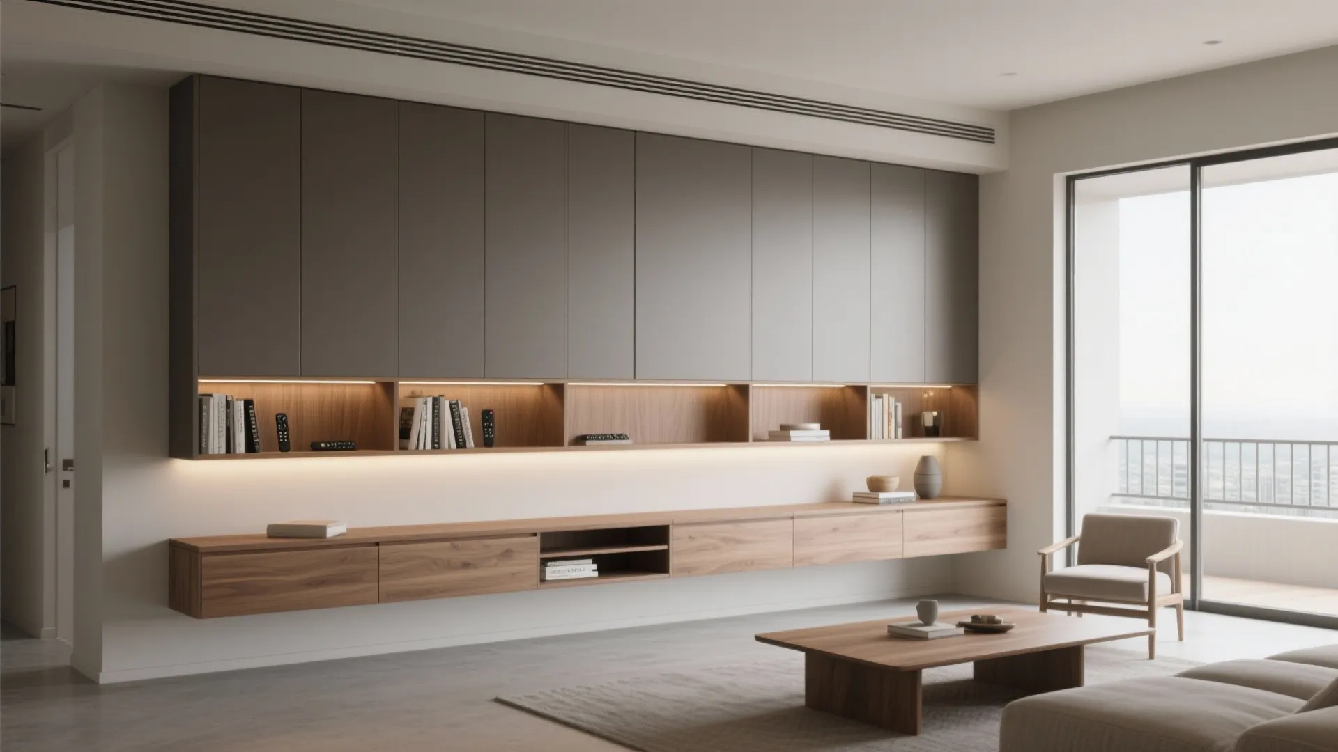 Minimalist Storage for a Calm Living-Dining Core