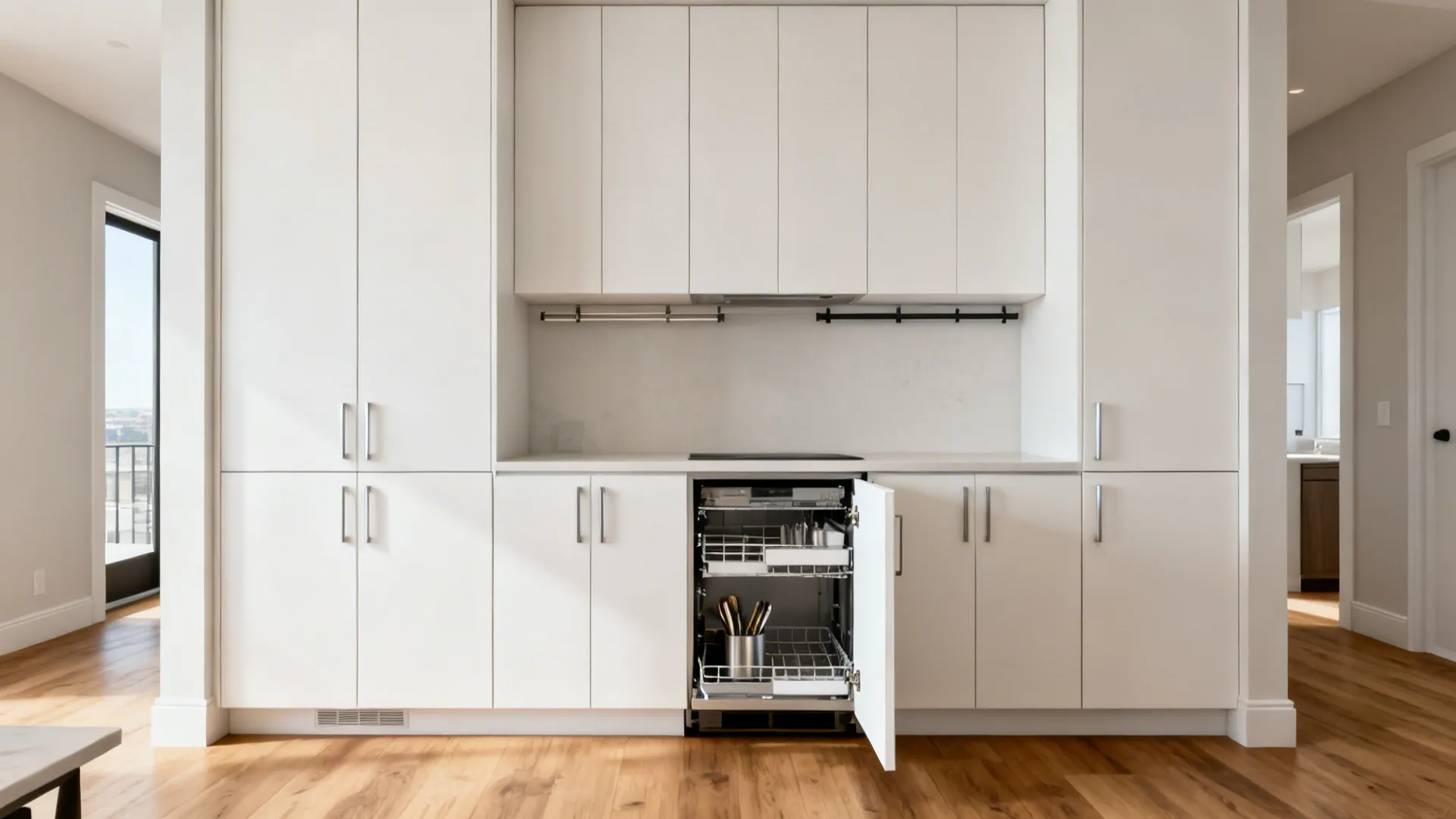 Minimalist small Dallas kitchen with tall pantry towers and hidden rail organizers.