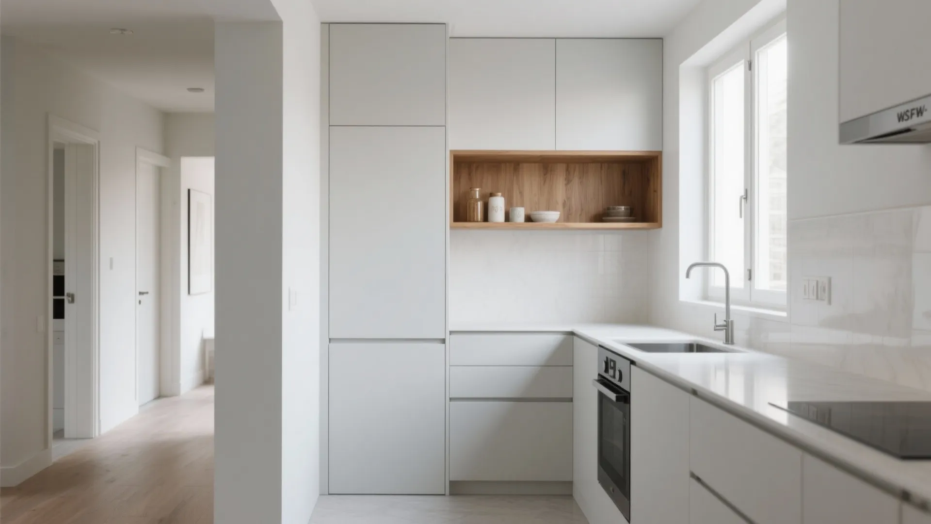Minimalist handleless cabinets with a single oak shelf create calm storage in a hall kitchen.