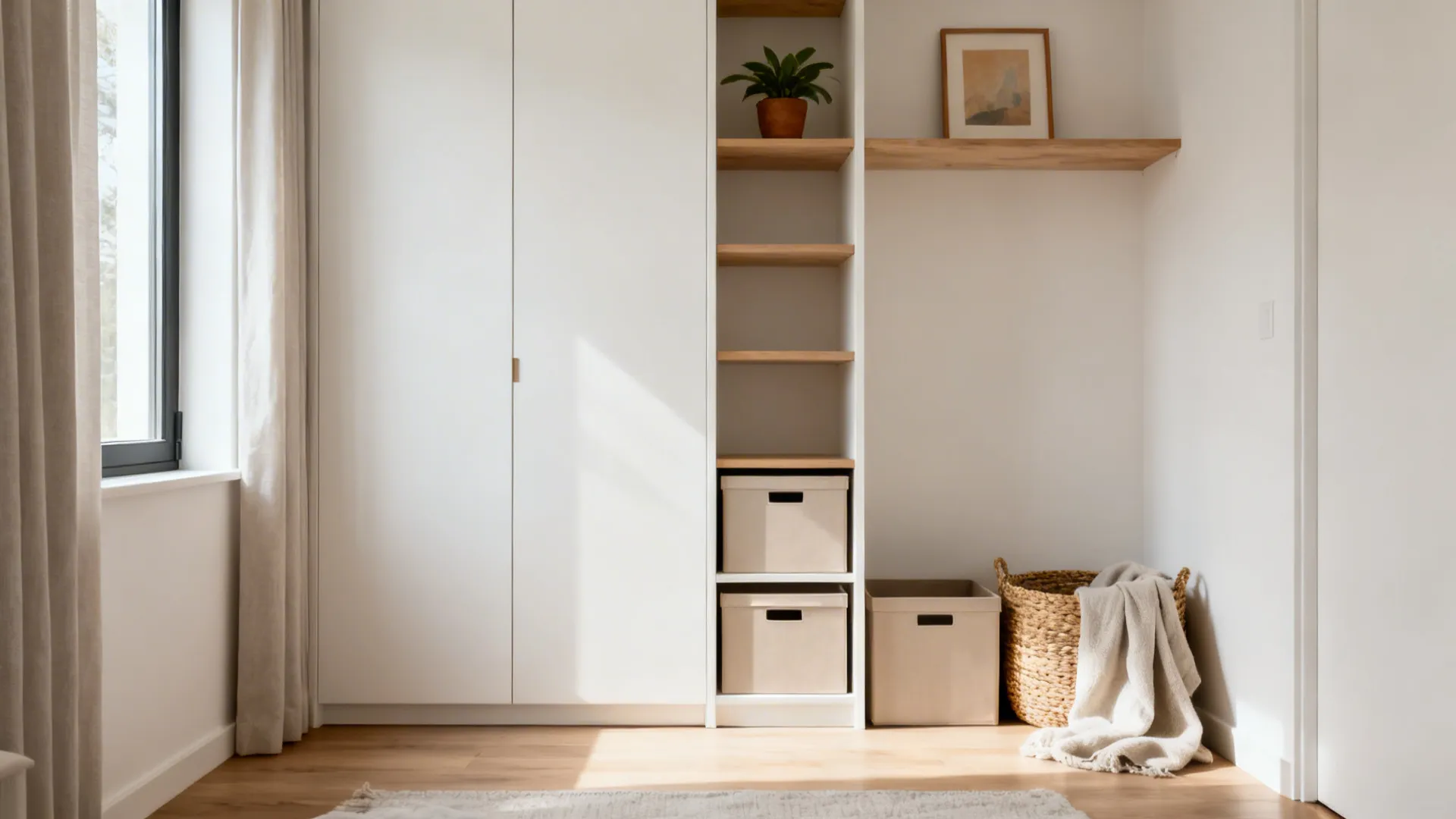 Small room with slim shelving, closed boxes below and open shelves above in light wood and white.