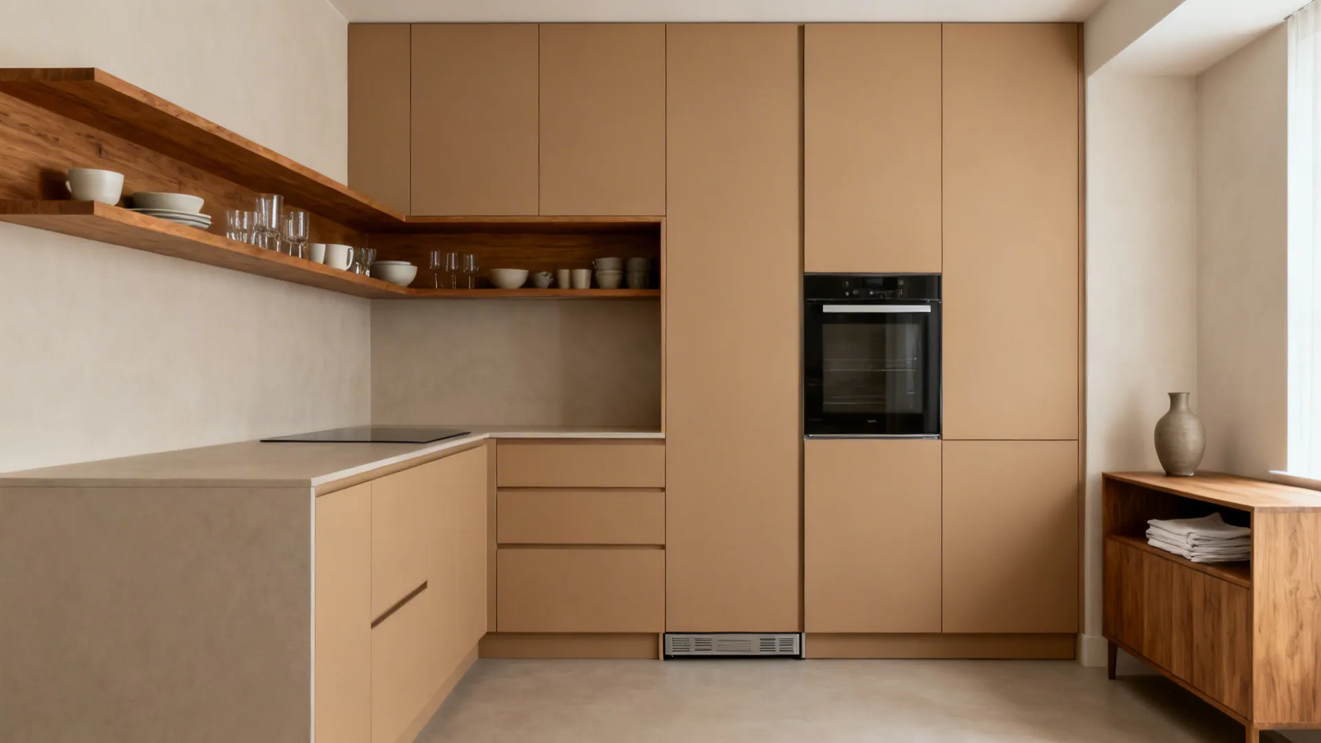 Minimalist kitchen with tan cabinets wooden shelves for cups built in oven and wood cabinet