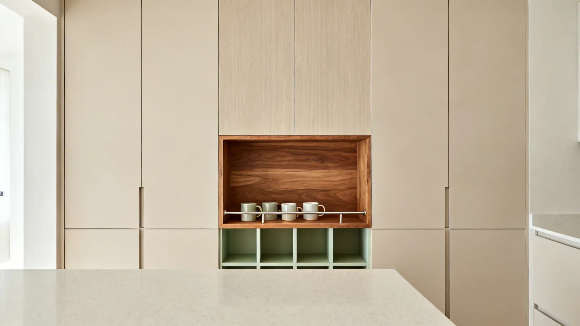 Slim full-height tall cabinets with integrated pulls and a single open mug rail in a small kitchen.