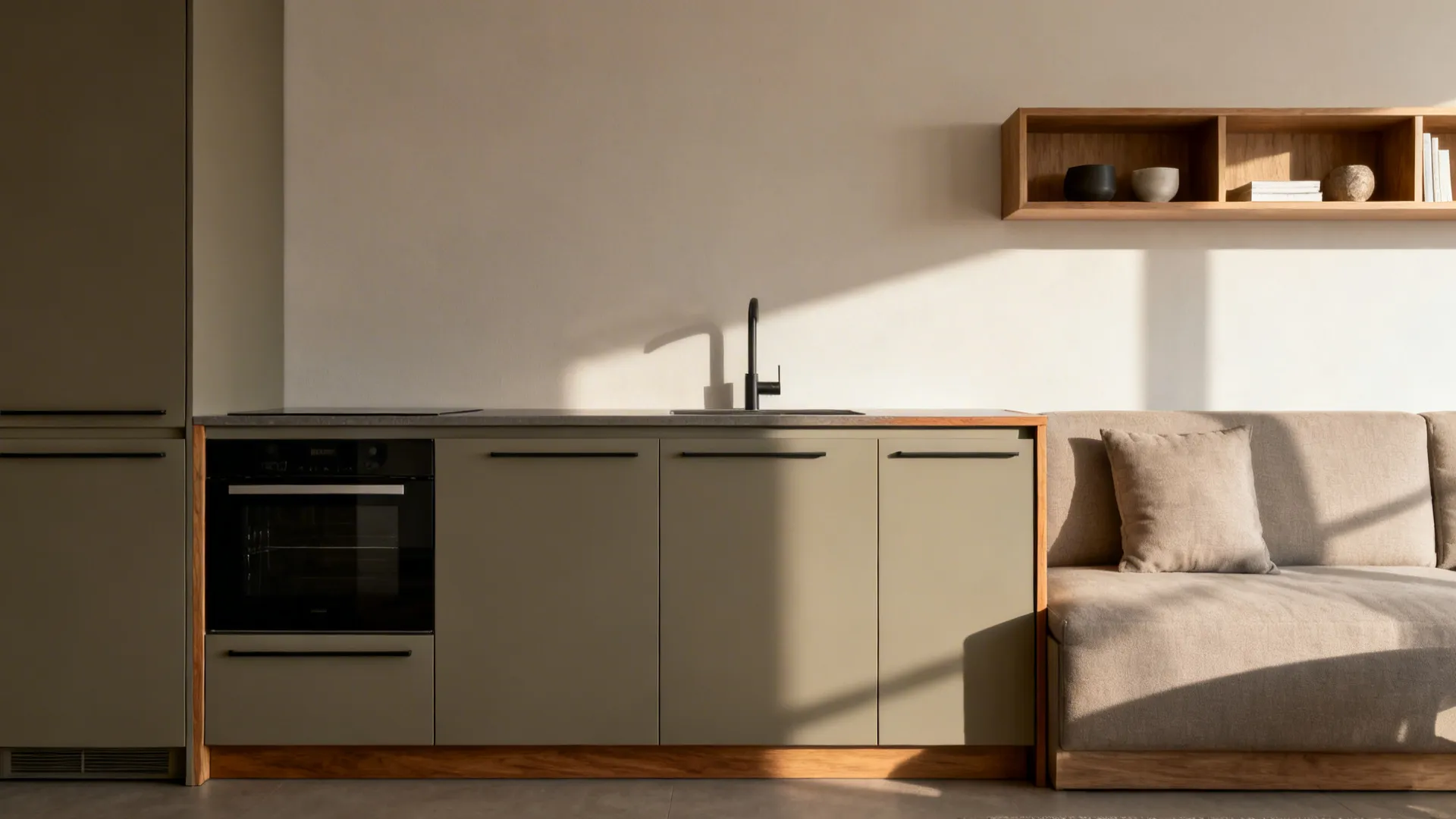 Minimal handleless greige kitchen wall with open wood shelves blending into the living area.