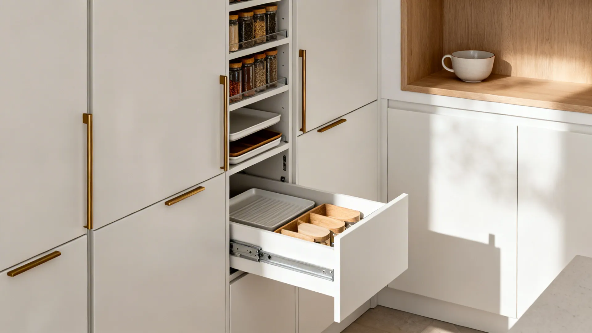 Macro view of slab cabinet fronts, pantry pull-out, and toe-kick drawer in a minimalist small kitchen