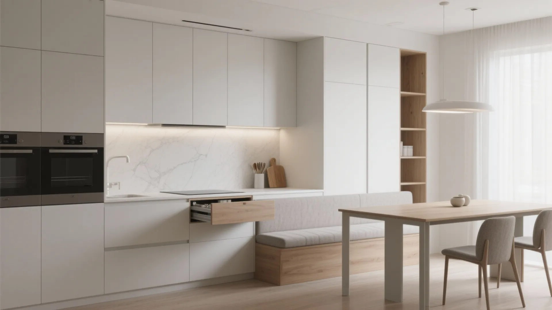 White minimalist kitchen featuring built in storage open drawer wooden dining table and grey chairs set